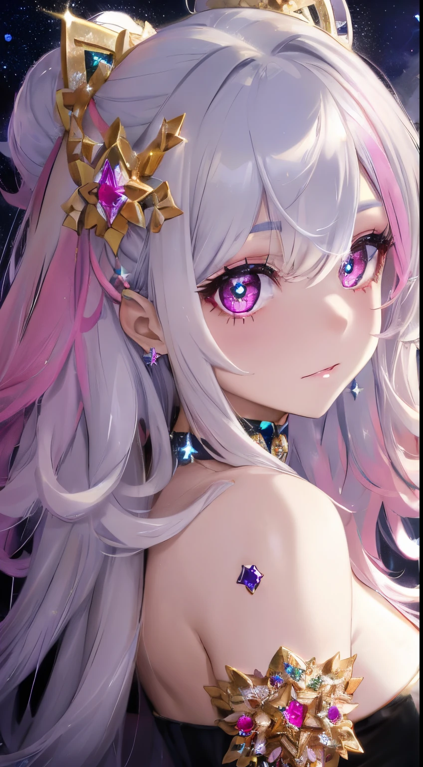 close up of face,facial body art,full body art,fluffy and voluminous hair,curl a piece of hair,Side view,Big eyes,The inside of your eyes are colorful and shine like stars,jewels in your eyes,Star Mark,☆,A world studded with many jewels,Transparent hair with a mixture of pale gold and silver,rainbow-colored hair,Transparent skin,Crystal clear skin is encrusted with jewels,ruby,sapphires,Emeraude,topaz,Diamonds,Pink Diamond,