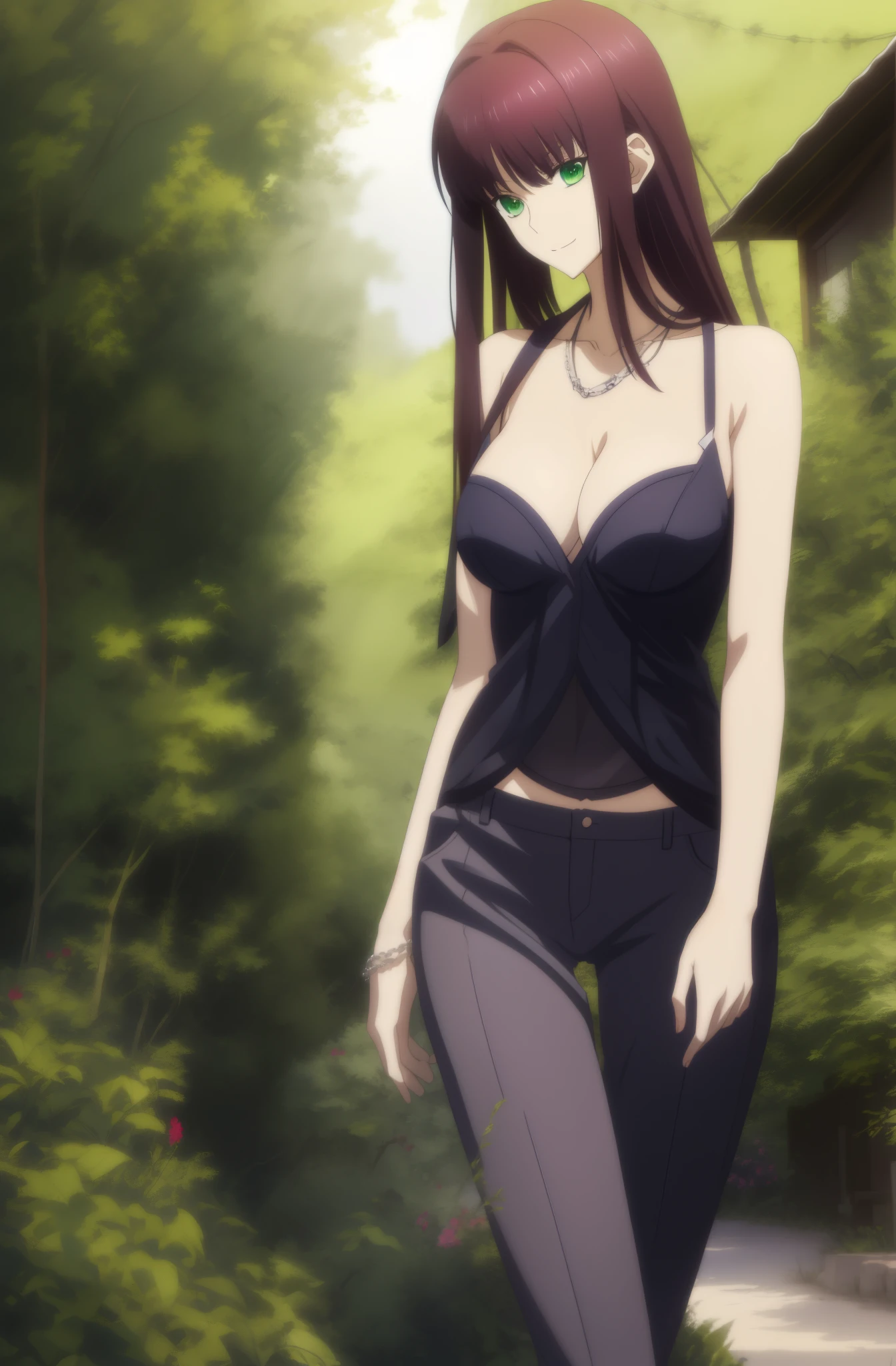 Seductive Anime Girl, official anime still, anime visual of a young woman, a female anime character, Official Studio Anime Stills 8K UHD, hight resolution,Very detailed CG, High quality shadows, Detail Beautiful delicate face, Detail Beautiful delicate eyes,BREAK(Very detailed 8k wallpaper),,Black tank top,JINS,shortpants,((shortpants)),(Highly detailed CG 8K wallpaper),Makima (chain saw man),Sukasaha (Fate/grand order),Shimohira Reihua ,Hi-Res,Very delicate and beautiful CG illustration,top-quality,Realistic skin feeling,Realistic fabric,Realistic texture,beautiful thigh,big breasts thin waist,(((masutepiece))), (((Best Quality))),8K,32K,masterpiece,beautiful alluring anime woman,ultra-definition,ultra-detailliert,hight resolution,a hyperrealistic schoolgirl,masuter piece, Best Quality, High quality, High Definition, high quality texture, high quality shadow, high detailing,finely detail,1girl in,High school students,Solo,Soio,Only one person,Alone,One Person,tall,AS-Adult,Mature atmosphere,Leg length,neat and long legs,8 Head Body,stature:171cm,Mature girls,Reddish-purple hair,Reddish-purple hair,Purple hair,Magenta hair,silky and smooth hair,Colorful hair,Straight hair,Smile,Smiling happily,lively expression,Cute smile,Cool Beauty,Beautuful Women,Neat face, Beautiful realism,Seductive look,Bewitching look,serene expressions,beautiful hairl,She wears a necklace around her neck,Necklace,bead necklace,magatama accessories,A slight smil,Colorful eyes,green colored eyes,Jade-colored eyes,beautidful eyes,Bright eye,Delicat eyes,Eyes Like Gems,Jade Eyes,Hanging eyes,(Green eyes:1.5),Seductive face,watching at viewers,mystic atmosphere,,Seductive face,looking at the viewers,during daytime,stroll,Building Street,Sunlight,blue-sky,is standing,Model photo,Walking,