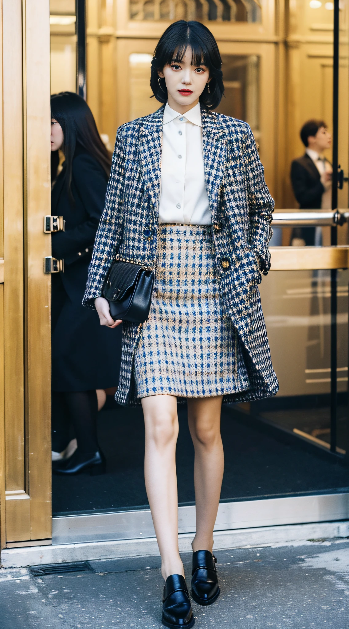 Best quality at best,tmasterpiece,超高分辨率,(realness:1.4),RAW photogr,hyper HD，8K，There is one girl，White fashion clothes,Chanel style，tweed fabric， Stylish white skinny suit, wearing jacket and skirt,high-class fashion，ellegance, White and black clothes, short skirt and a long jacket, blacksilk，best selling, Mary Jane small leather shoes