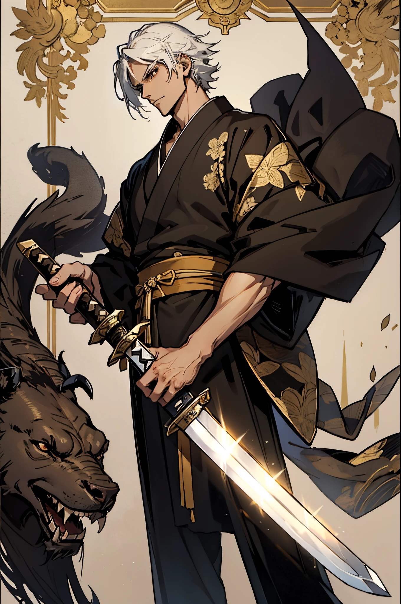 anime style drawing of tall boy brown eyes with white hairs wearing dark black kimono with gold lining holding a sword in hand full body
