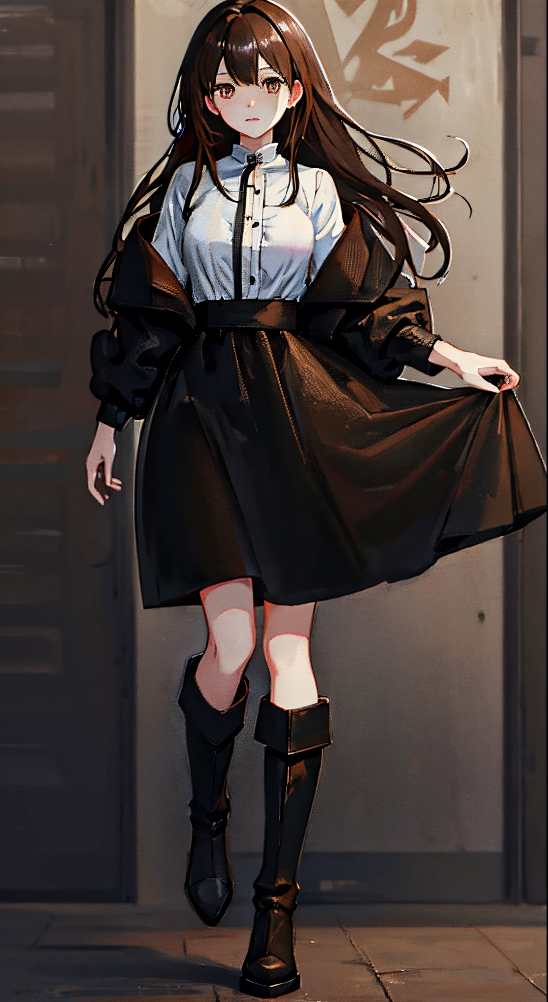 anime girl in a black and white dress and brown boots, made with anime painter studio, anime full body illustration, full body portrait of a short!, !!full body portrait!!, anime girl wearing a black dress, fullbody portrait, kantai collection style, painted in anime painter studio, girls frontline style, anime moe artstyle, character full body portrait