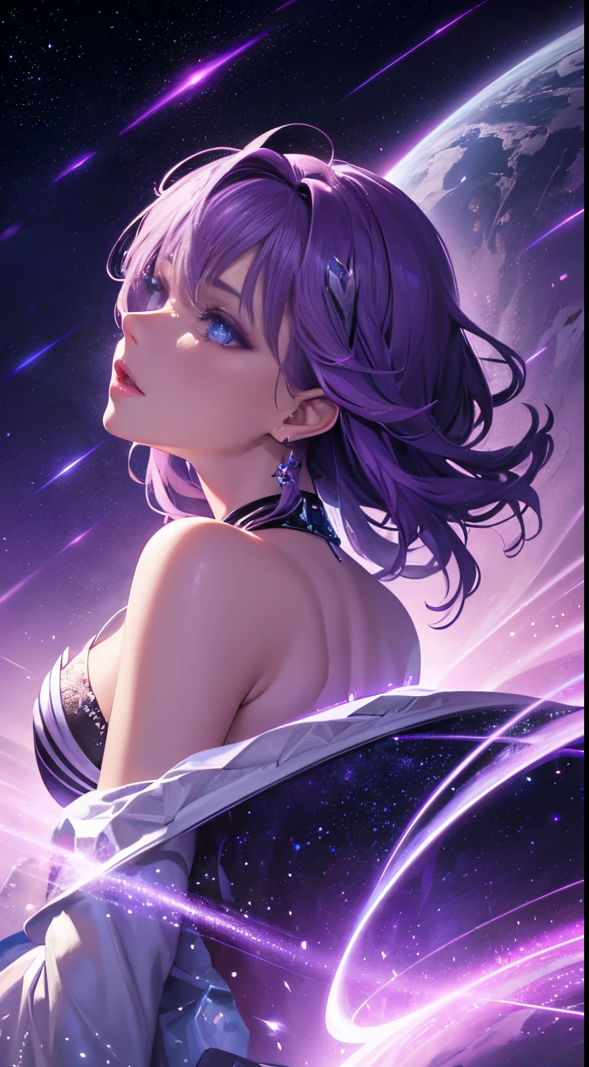 absurdity, high definition, (official art, beauty and aesthetics: 1.2),
1 girl, purple hair, middle hair, purple crystal eyes, shiny eyes,
purple sky, glittering galaxies, (Uyuni salt marsh: 1.2),
(Surrealism: 1.15), (fractal art: 0.3),
Water effect, ripple effect, (flower effect: 0.65), light effect, 8K wallpaper,