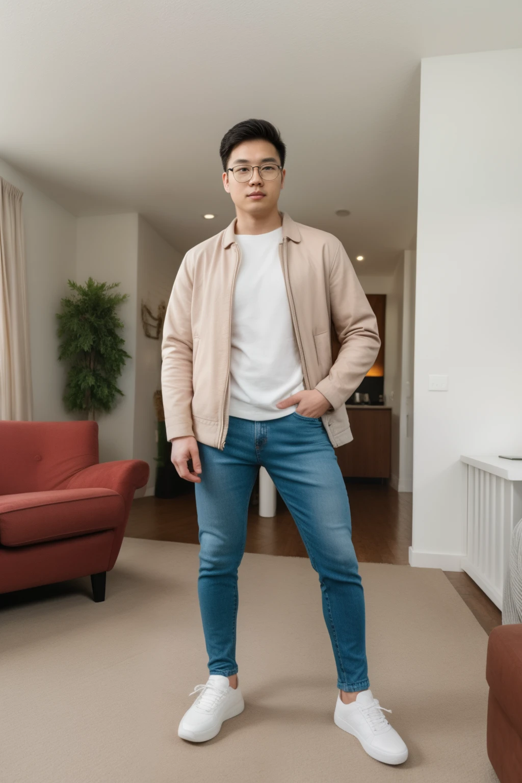Andrew thomas huang, oval face, eyeglasses, neat muscular, jacket, shirt, jeans, sneakers, living room, full body, Model photoshot