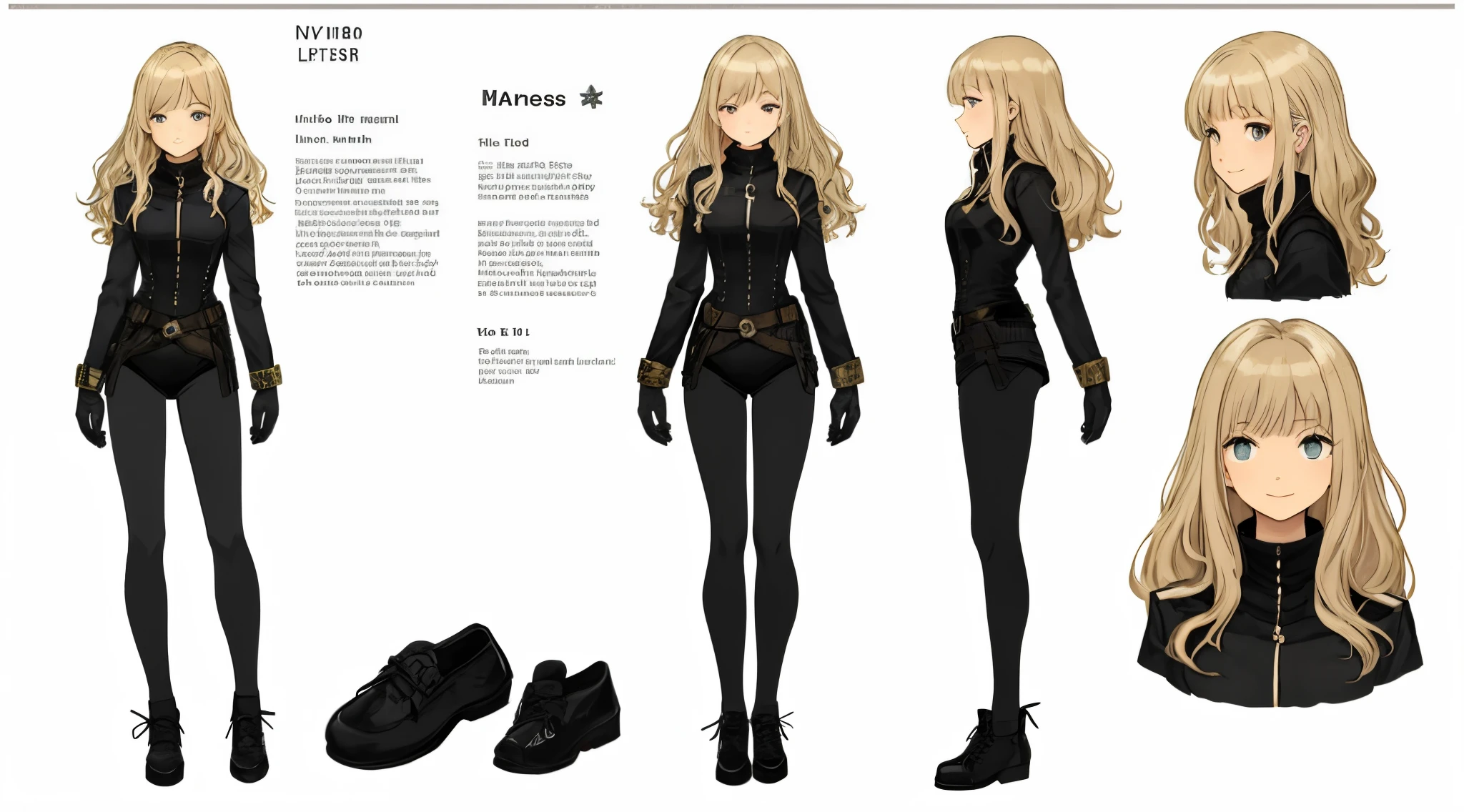 reference sheet by petit commander girl, character design, white background paper BREAK, blond long wavy hair, droopy eyes, sleepy eyes, slender slanted eyebrows BREAK, smile, black vintage gothic leotard, military uniform, flat breasts, long foot, long leather shoes, tights, mantle BREAK, masterpiece, hyper detailed, sharp focus, best quality, 8K, portrait, full-body