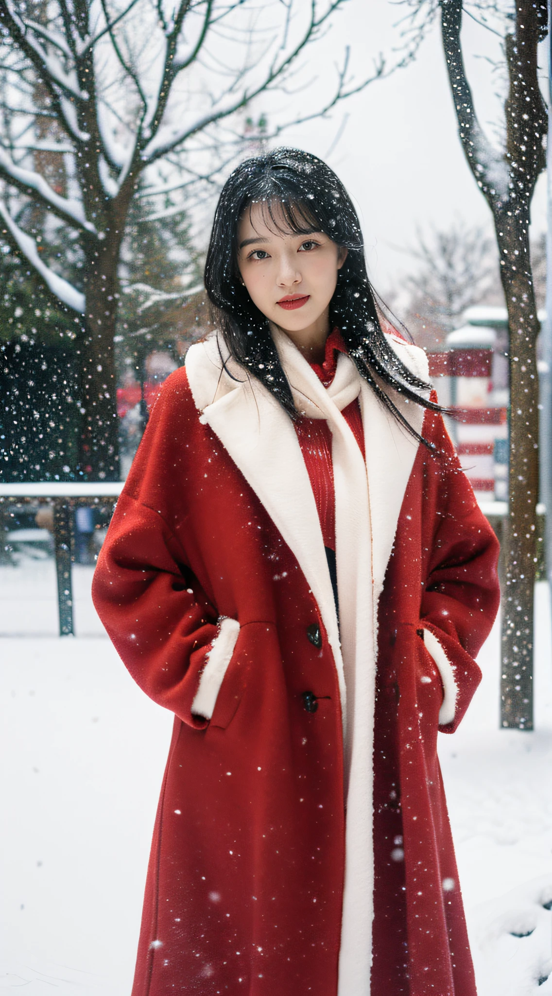 Best quality at best,tmasterpiece,超高分辨率,(realness:1.4),RAW photogr,hyper HD，8K，There is one girl，Araf woman in red coat standing in the snow，Trees in the background, Only snow my background, In the snow, snowing outside, It was snowing outside, full bodyesbian:: snowing outside::, nevando, standing in the snow, There is snow on the body, Cold snow outside, during snowfall, in the snow, wearing red fur cloak, Snow falls, snowflakes dancing