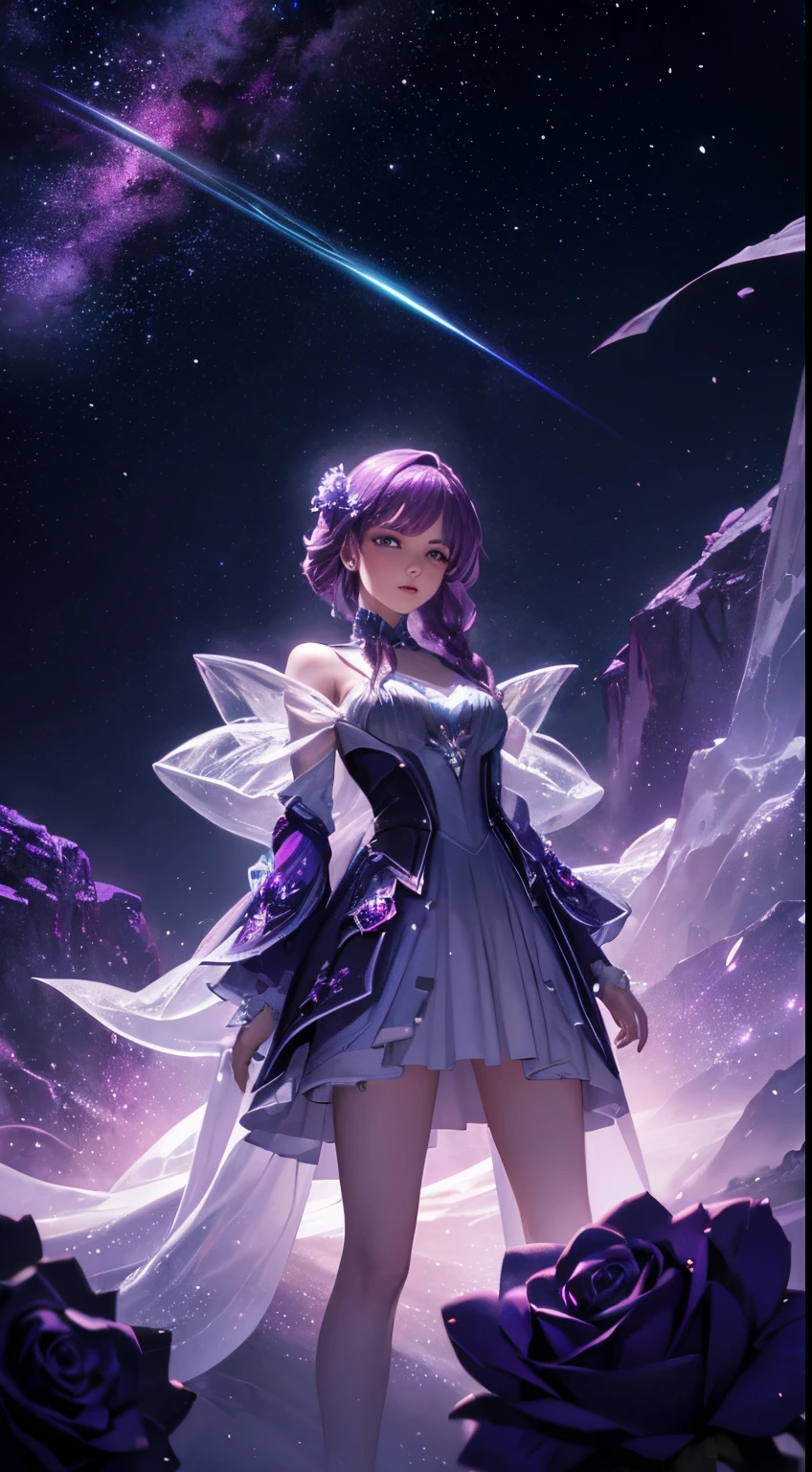 masterpiece, Highest quality, Very detailed, High resolution, An expensive solution, High resolution, masterpiece, depth, Fine texture, Highest quality, Total concentration, (very pretty anime Elf Girl), (Beautiful Gothic Elf Woman, Young Elves, Elf Girl, pretty girl, Young girl),Has horns on its headがある, Grin, smile, (A chic dress with beautiful details, Fluffy long sleeves, ), Purple eyes, Long eyelashes, Low angle shot、eyeliner, Tight waist, ( Purple Hair), (Light Hair, Long Hair), bangs, Gradient Hair), Shiny Hair, Forest as a background, Fantasy art, 8k high quality detailed art, A fusion of realism and colorful fantasy, Gothic art style, Fantasy art style, a beautiful fantasy Young Elves, CGI anime Fantasy artwork, charm, Seductive posture, Standing posture,Vibrant colors, 自信に満ちたsmile, gentle smile, Beautiful attention to detail, Beautiful lip detail, Very detailed目と顔, Long eyelashes, Vibrant colors, Professional, Very detailedな, Intricate details, Volumetric lighting, Lens flare, particle,(White and platinum color scheme), mysterious, mysteriousな.Has horns on its head,Standing posture、Low angle shot