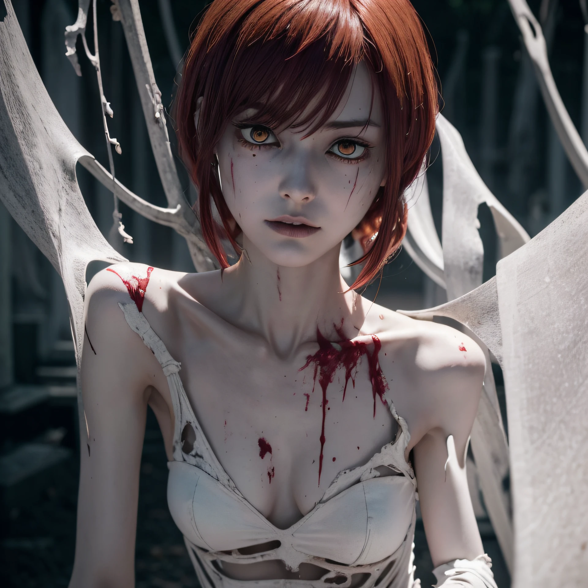 corpse, sinister, female, thin, pale, looking at the camera, ultra realistic, fully detailed, cemetery environment, bright eyes, white dress torn and stained with blood, bones exposed, putrid wounds, sensual, terrifying, bruised by the body, exposed fracture in the collarbone, slight smile, super detailed