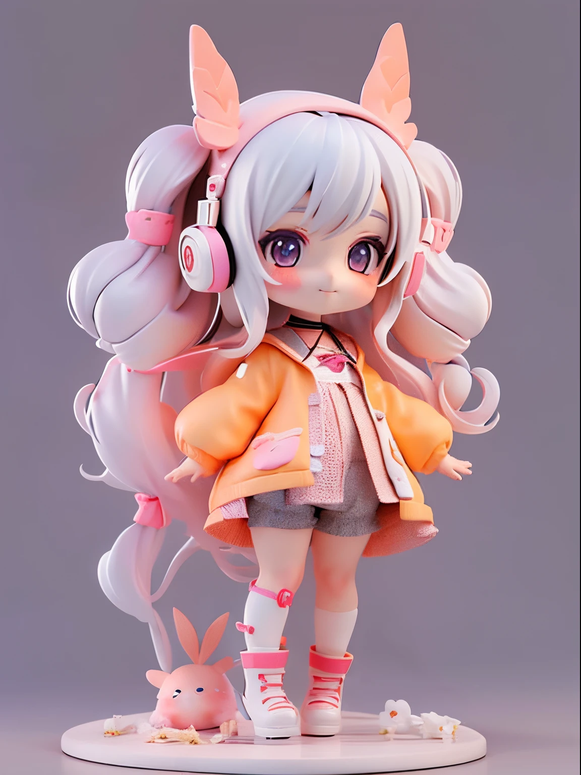a close up of a doll with headphones on a gray background, ( highly detailed figure ), render of a cute 3d anime girl, anime figure, cute art style, style as nendoroid, anime figurine, stylized anime, good smile company anime style, anime styled 3d, high quality character design, cute anime girl, female explorer mini cute girl