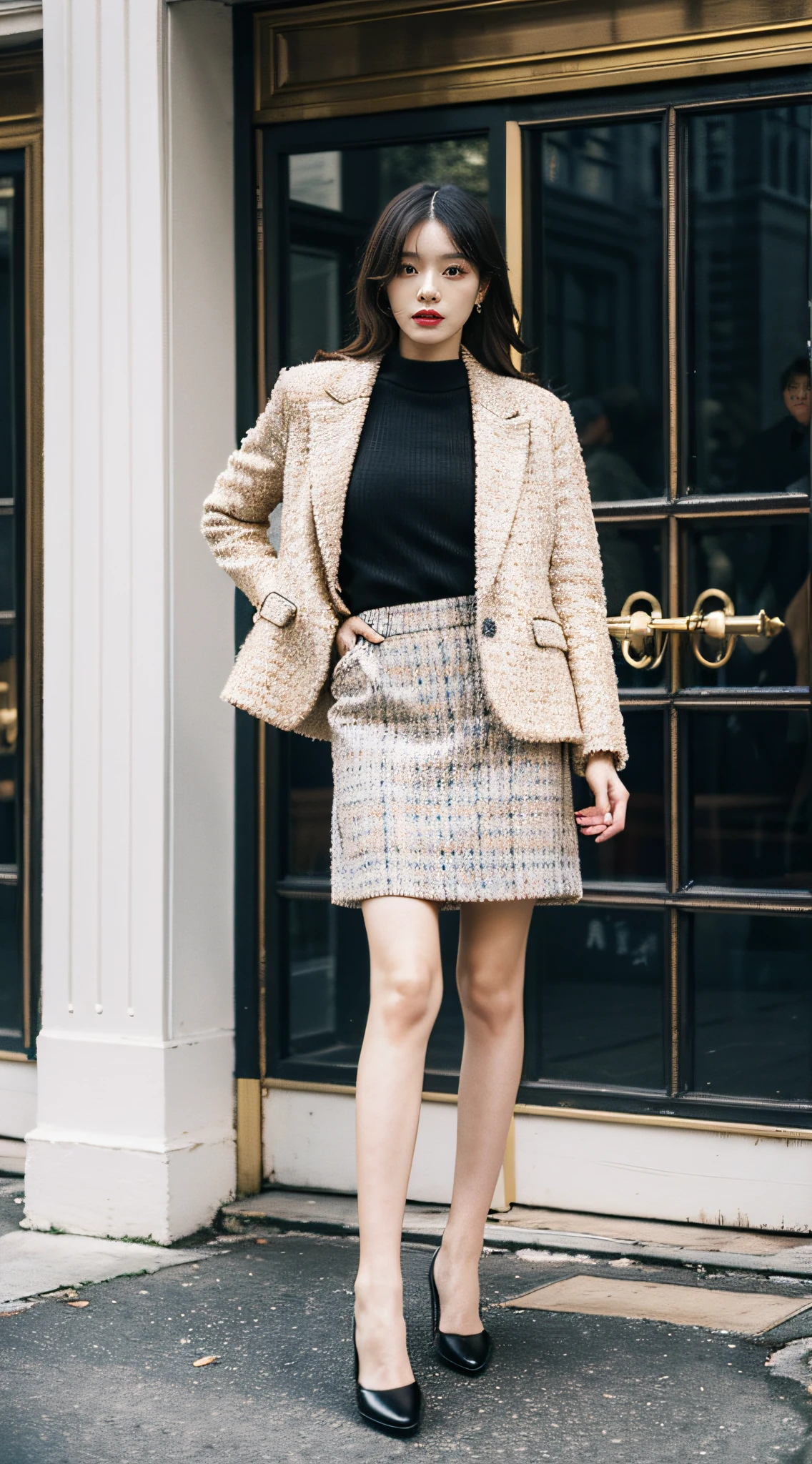 Best quality,tmasterpiece,超高分辨率,(realness:1.4),RAW photos,hyper HD,8K,There is one girl,White fashion clothes,Chanel style,tweed fabric, Stylish white skinny suit, wearing jacket and skirt,high-class fashion,ellegance, White and black clothes, short skirt and a long jacket, Pantyhose,best selling, Mary Jane small leather shoes