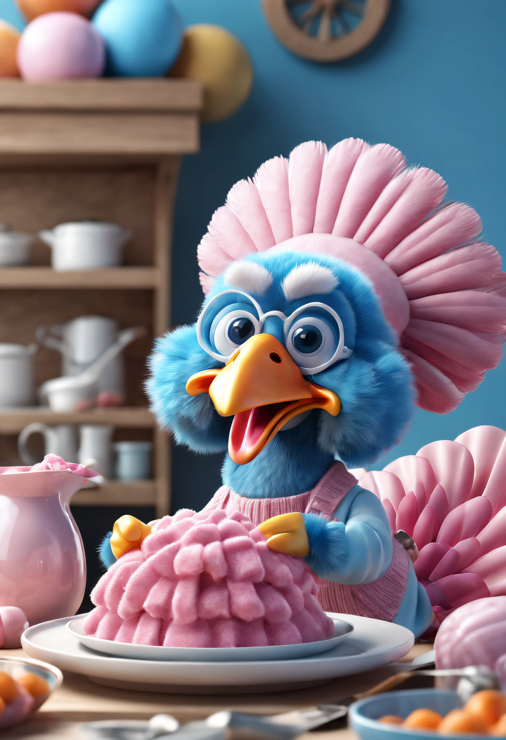 Brand advertisement, creative poster, cute turkey wearing blue and pink sweaters, cooking, 3D rendering, sharp focus, surrealism, fluffy, fantasy engine, 5-quality rendering, 3D rendering, fluffy art,