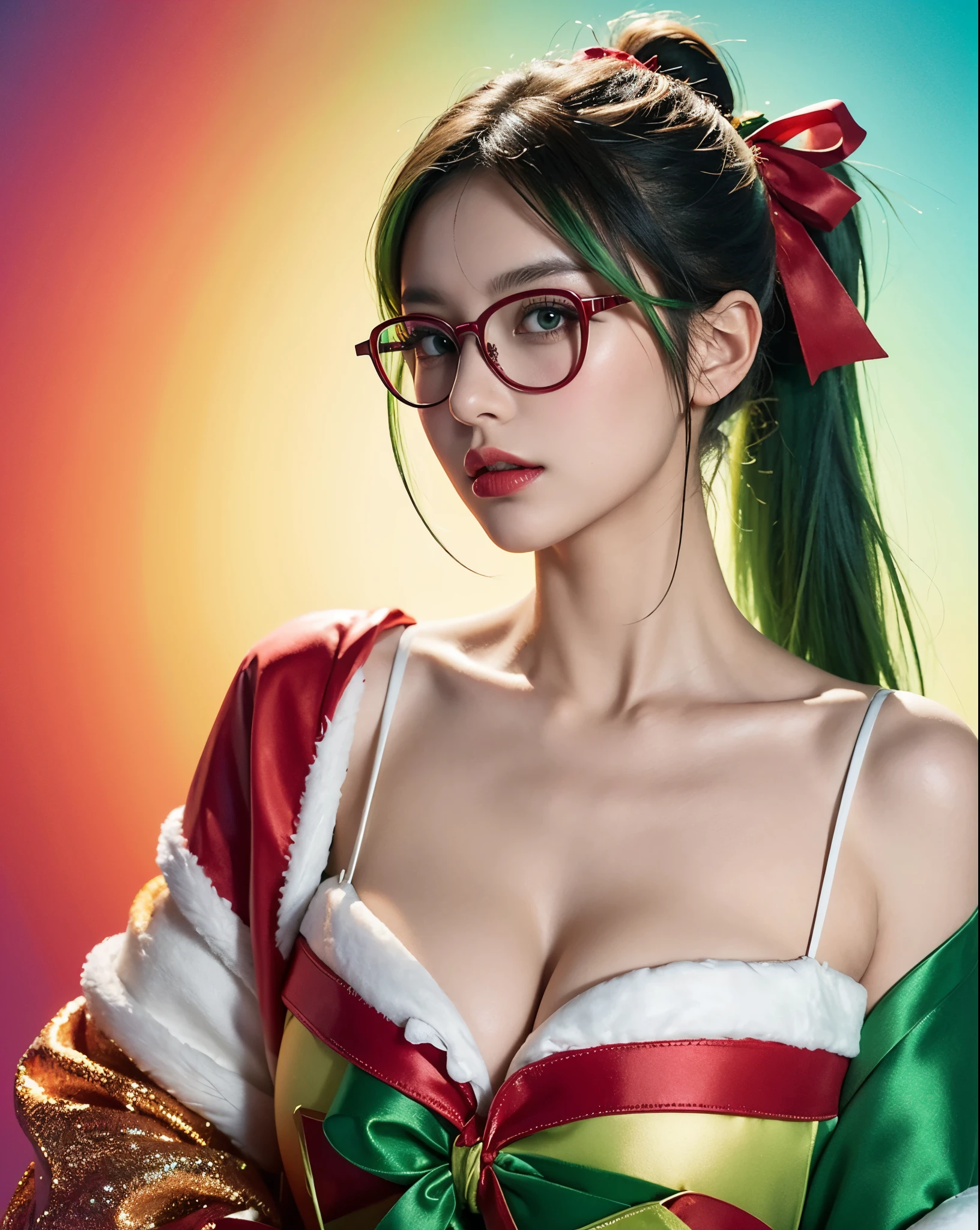 Medium breast, v-neck, ​cleavage, masterpiece, green hair, ponytail, top-quality, ultra-detailliert, Official art, Beautifully Aesthetic, 1girl in, glitch art:1.5, ((colourfull christmas:1.0)), red big ribbon, glasses