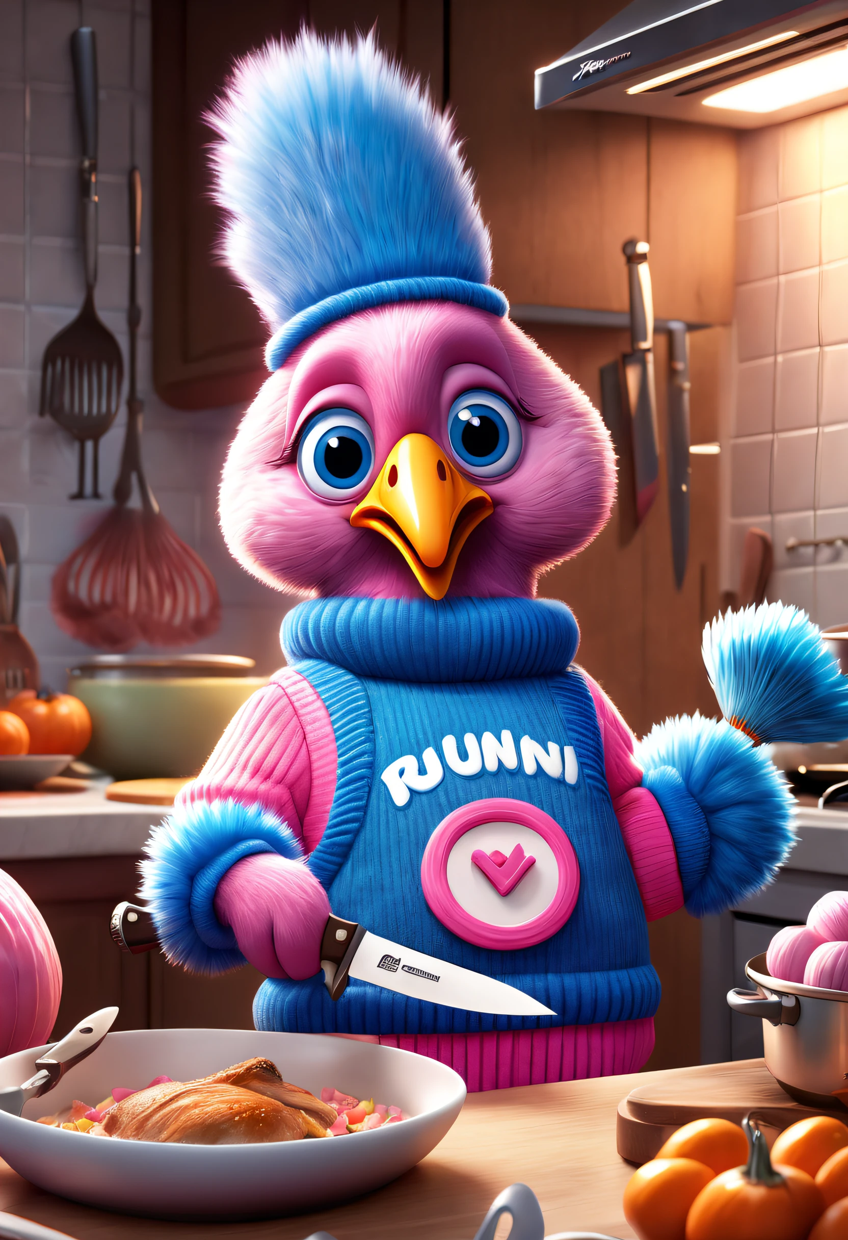 Brand advertising, creative posters, cute turkey wearing blue and pink sweaters, Pixar's twin kitchen knife, cooking, 3D rendering, sharp focus, surrealism, fluffy, fantasy engine, 5-quality rendering, 3D rendering, furry art,
