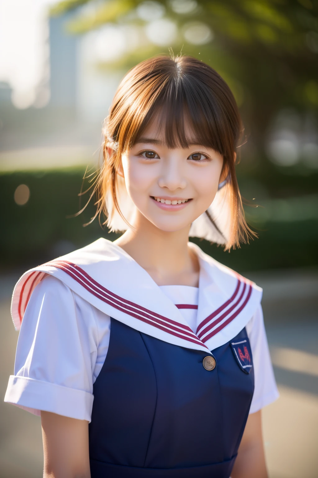 ulzzang-6500-v1.1,(8K, Best Quality, Masterpiece: 1.2), (Realistic, Photorealistic: 1.37)(​masterpiece:1.3), (8K, Photorealsitic, Raw photography, Top image quality: 1.4), Japan high school girls、(very short-haired、Random hairstyles:1.2,)、Super Detail Face、Eye of Detail、二重まぶた、Bring your chest together、foco nítido:1.2、prety woman:1.4、light brown hair、top-quality、​masterpiece、超A high resolution、(Photorealsitic:1.4、Being in the classroom、Japan High School Student Uniform、Button shirt with collar、Ribbon Ties、Short dark blue pleated skirt、Ribbon tie、Great under the shirt)、Highly detailed and professional lighting smile、slender、serious facial expression、short-haired、Fatal position,chalk board、Blue sky outside the window、sit a chair、above knee