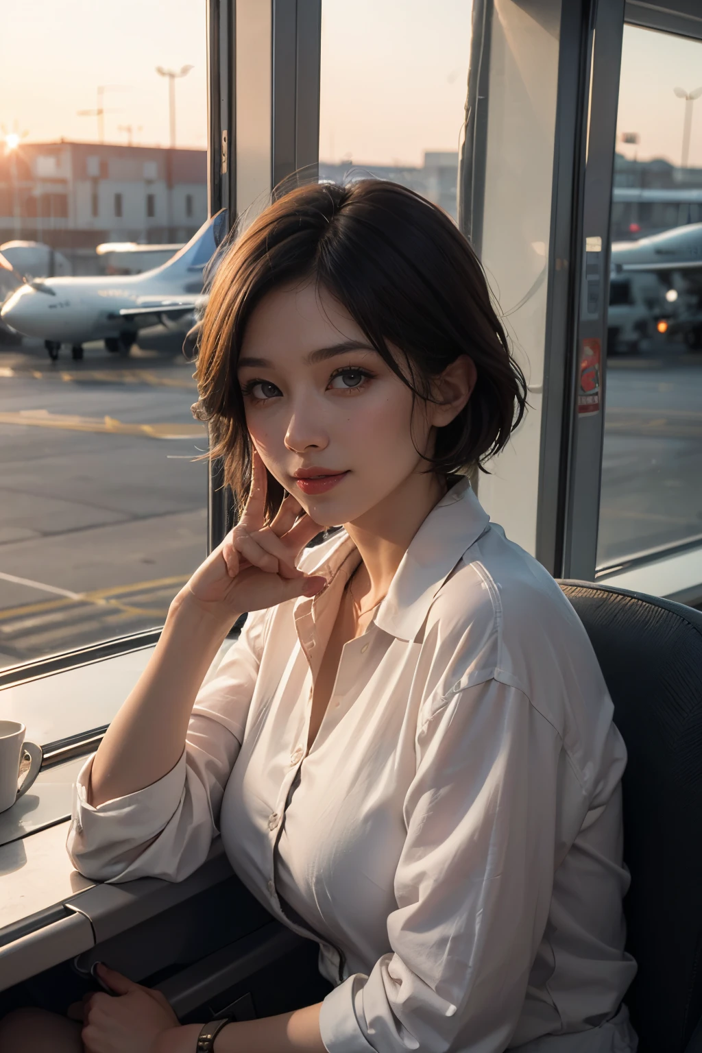 (Best Quality,4K,8K,hight resolution,masutepiece:1.2),Ultra-detailed,(Realistic,Photorealistic,Photorealsitic:1.37),Nostalgic atmosphere,hometown, Smiling beautiful woman with short haircut holding peace sign waiting for plane arrival in crowded airport lounge, Sunset, Sentimental, State of the airport, Warm colors, Dramatic Lighting、Many details about the aircraft on the runway