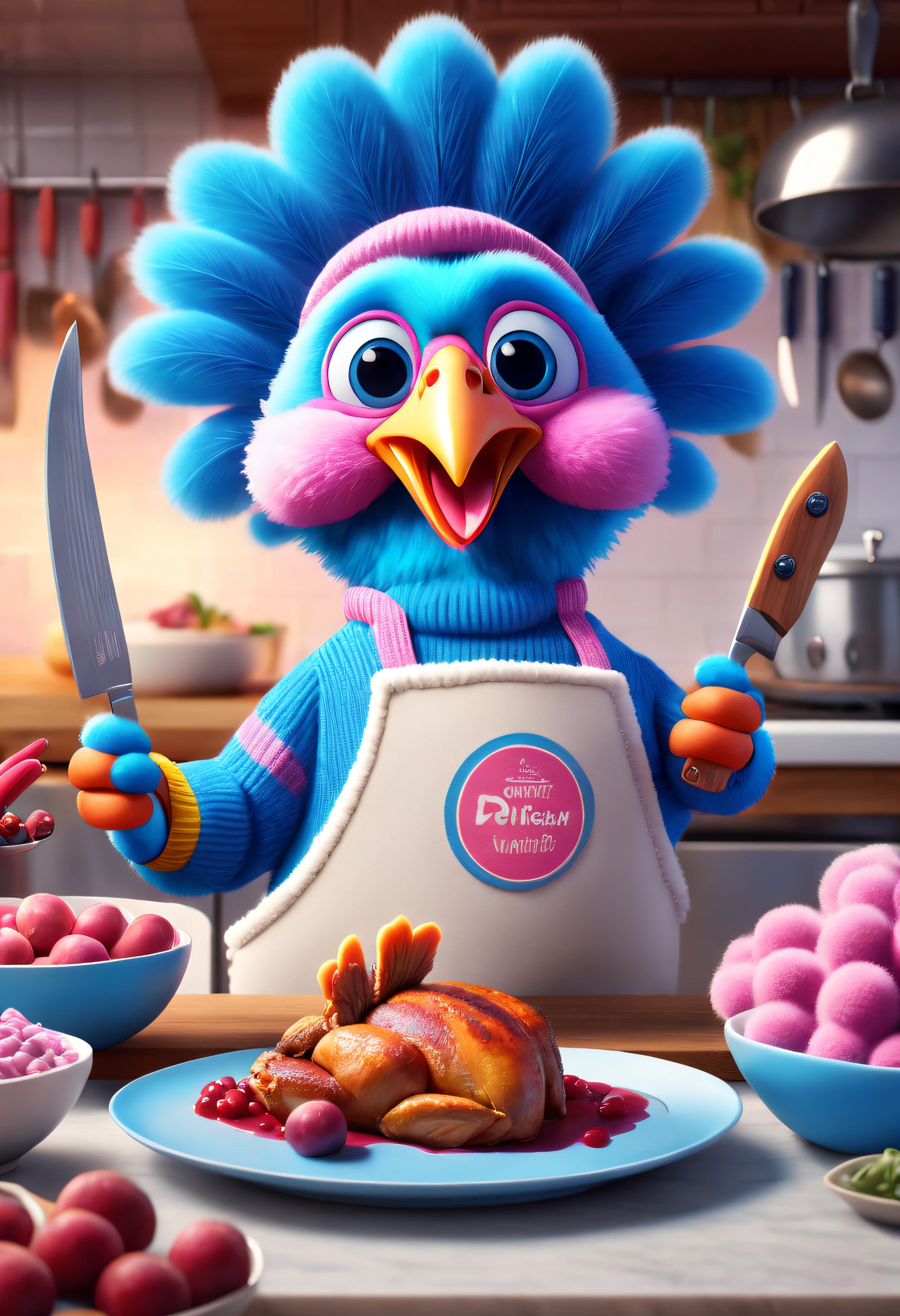 Brand advertising, creative posters, cute turkey wearing blue and pink sweaters, Pixar's twin kitchen knife, cooking, 3D rendering, sharp focus, surrealism, fluffy, fantasy engine, 5-quality rendering, 3D rendering, furry art,