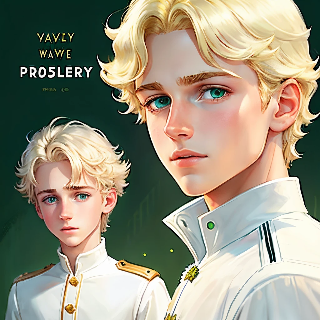 Create Disney Pixar Cover Style Artwork，The thing about the boy is that he looks like he is 16 years old, It's white, has green eyes,  The hair is blonde,Young white male，golden hair，Green eyes，Wearing a prince&#39;s dress，White color blouse，prinz，by Pixar，Disney，Lateral face