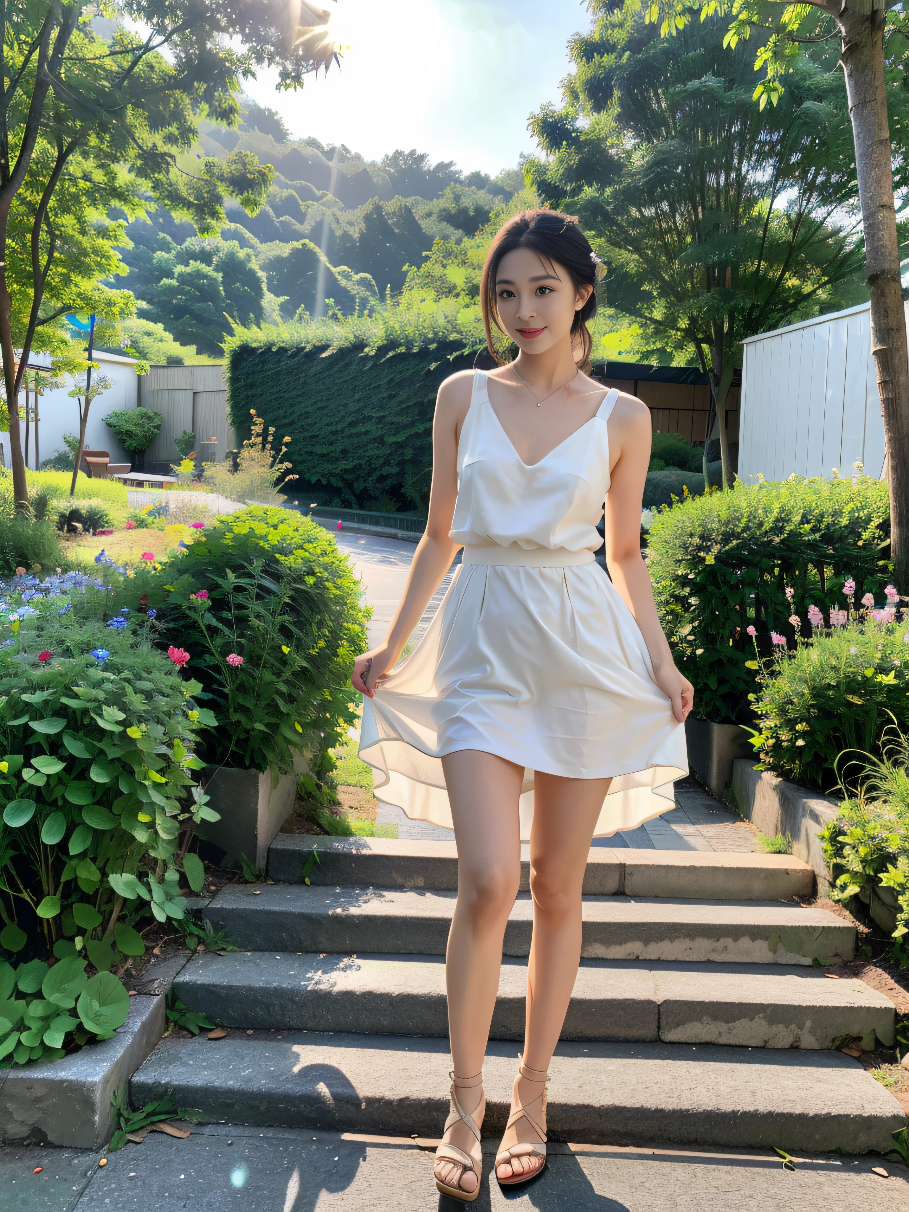 ，masutepiece, Best Quality，8K, 超A high resolution，Real Lights and Shadows，Cinema Lens，(beautidful eyes:1.1)， ((中景 the scene is，The upper part of the body))，dynamicposes，In green meadows，A gentle goddess came with gentle steps。She wore a white dress，the breeze blows，Skirt dances lightly。The sun shines through the leaves of her hair，Reflecting her clear eyes and gentle smile。Multicolored butterflies flew around her，A flower bloomed at her feet，It was as if nature was cheering her on。