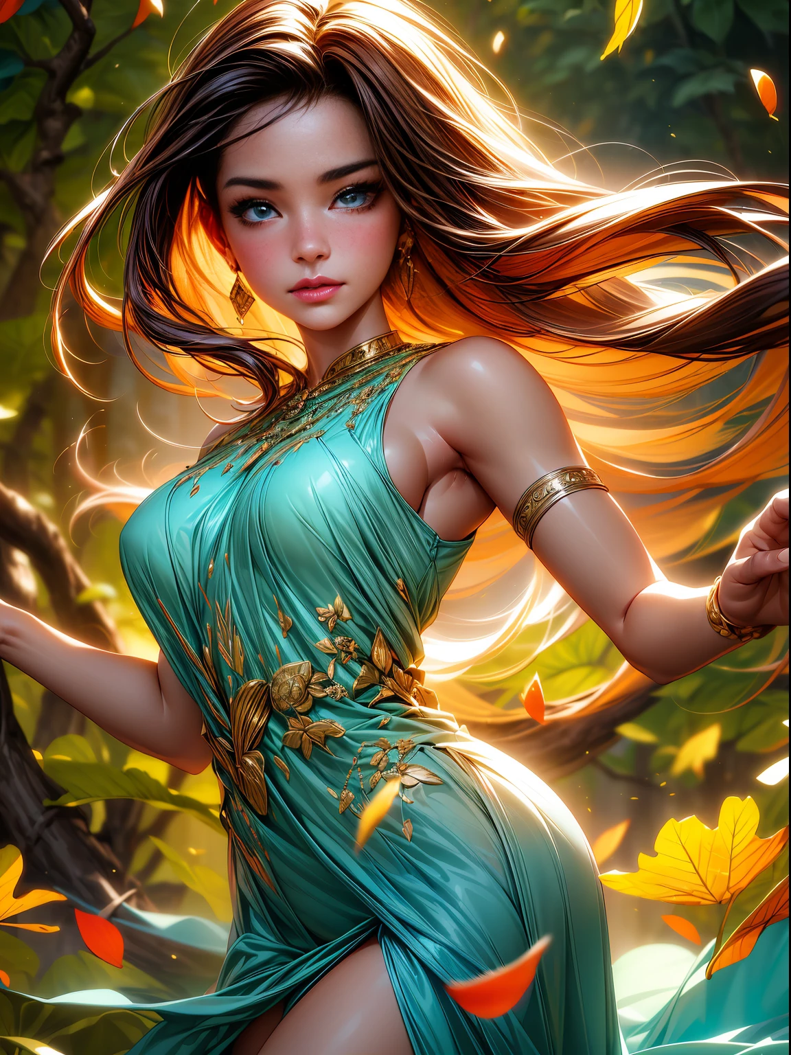 (best quality,4k,8k,highres,masterpiece:1.2),ultra-detailed,(realistic,photorealistic,photo-realistic:1.37),oil painting,beautiful girl,dancing,falling leaves,autumn colors,vibrant atmosphere,vivid expressions,flowing dress,colorful background,captivating movements,graceful posture,nature-inspired surroundings,dynamic lighting,soft sunlight,emotional storytelling,transcendent beauty,serene and ethereal scene.