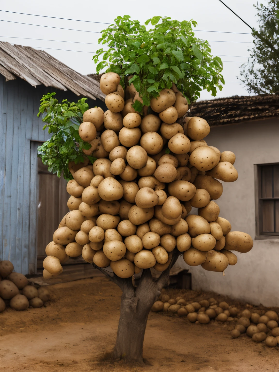 A tree，The trees are covered with potatoes，potato texture，There is a tree in the rural yard，they have many，potatoes，professional fruit photography