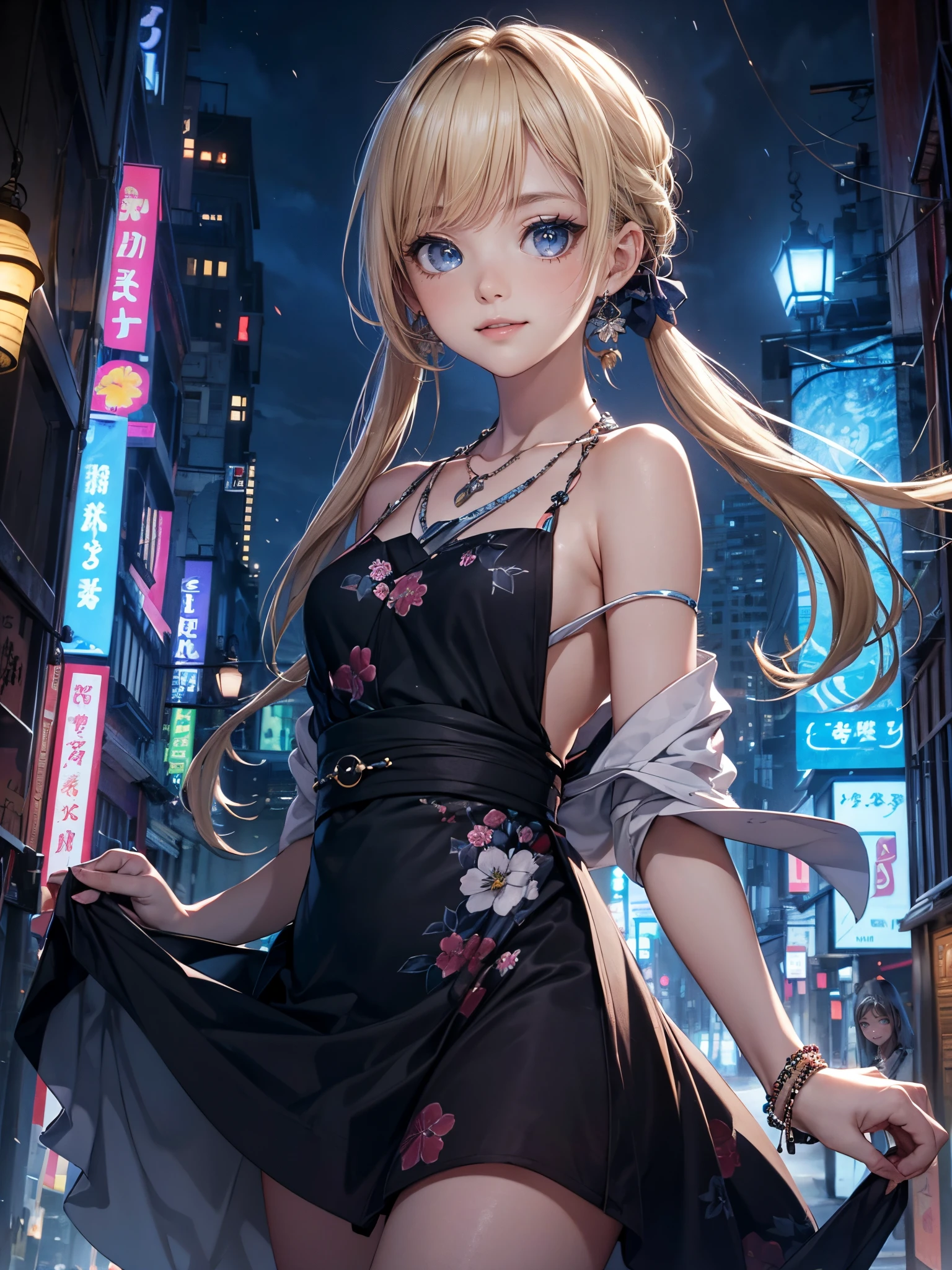 (​masterpiece),(top-quality:1.2),1girl in,(masuter piece:1.3),exquisitedetails, Highest quality 8K resolution,Vibrant colors,  With warm and gentle lighting,(Melody Mark:1.3),(Black floral kimono:1.3),(Lots of lanterns),(Smooth straight blonde hair:1.4),(Hair parted in the middle:1.3),(Glowing hair),(Dark blue eyes:1.3),cute smile face,White skin, hair clips,Small necklace,