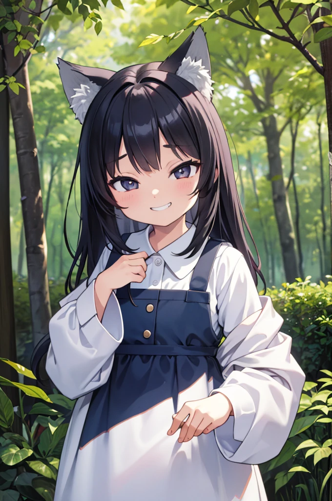 masterpiece、top-quality、ultra-detailliert、high-resolution illustrations、Ultra-high-definition CG、8k size wallpaper、offcial art、production art、Skin quality improvement、(Simple clothes:1.3)、(grin)、(Wolf Girl)、(Excited eyes)、(Big eyes)、、Primary forest