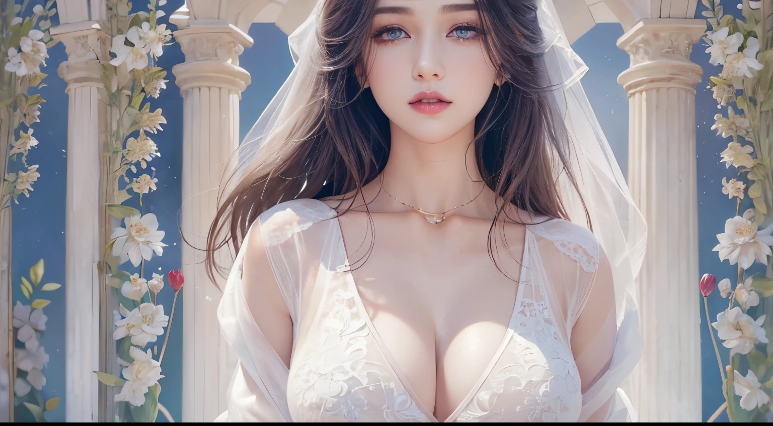 From above, ((Best Quality)), ((Masterpiece)), (Details), 1girl, she was wearing a revealing white dress. The dress, exposing the shoulders and navel, fit the body snugly and beautifully emphasized its curves. Her skin was white like ivory and soft and smooth to the touch. Her branded hair was straight and shiny pale. Her long hair ran down her back, making her figure look even more beautiful. Her eyes are large and deep indigo. Her lips were colored with cherry-colored lipstick and were plump and bulging. Her figure is somewhat mysterious and looks at the viewer. She was in a minimalist, simple and stark white room. Her face was beautifully trimmed and her eyes and nose were clear. The big black eyes were attractive with a deep and subtle glow. Her hair was long and lustrous, and her flowing beauty further enhanced her charm. Her mouth was small, and her well-formed lips were shining brightly. Her skin was smooth and very beautiful, almost silky. Her breasts and buttocks were large, and her thin waist was beautiful with its supple lines. , (large breasts, huge breasts, huge breasts, big breasts), long drooping, long drooping, abs