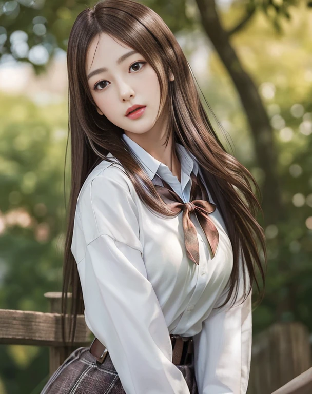 Photorealistic, masutepiece, Best Quality, Raw photo, 1girl in, Solo, Long hair, Brown hair, Detailed face, alluring face, Collared shirt, medium breasts, Dynamic Pose, Looking at Viewer, From below, Detailed background, fine detailed, intricate detailes, Ray tracing, depth of fields, lowkey, nffsw、Above the thigh