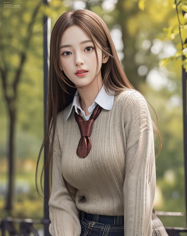 Photorealistic, masutepiece, Best Quality, Raw photo, 1girl in, Solo, Long hair, Brown hair, Detailed face, alluring face, Collared shirt, medium breasts, Dynamic Pose, Looking at Viewer, From below, Detailed background, fine detailed, intricate detailes,  Ray tracing, depth of fields, lowkey, nffsw、Above the thigh