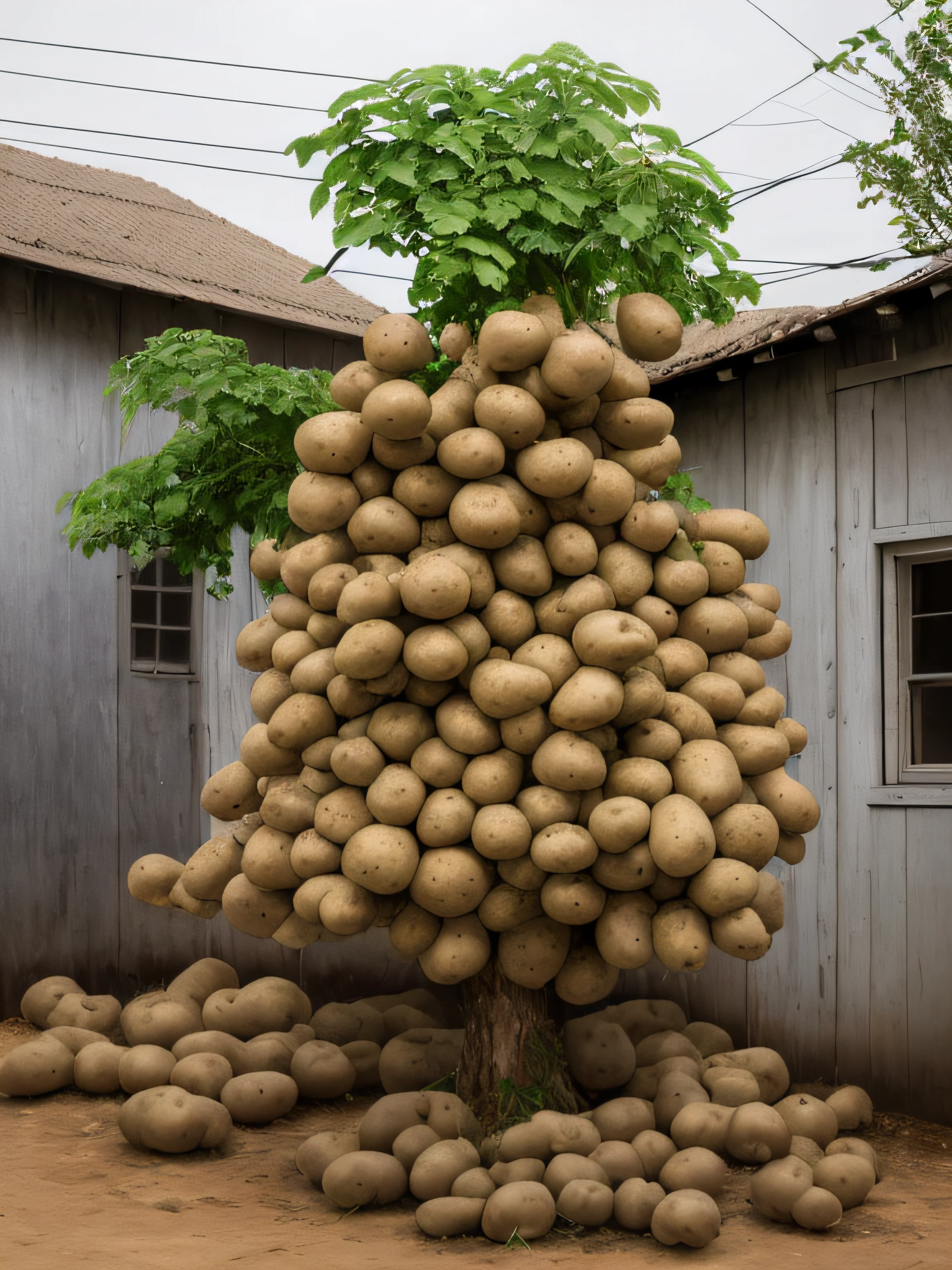 A tree,The trees are covered with potatoes,potato texture,There is a tree in the rural yard,they have many,potatoes,professional fruit photography