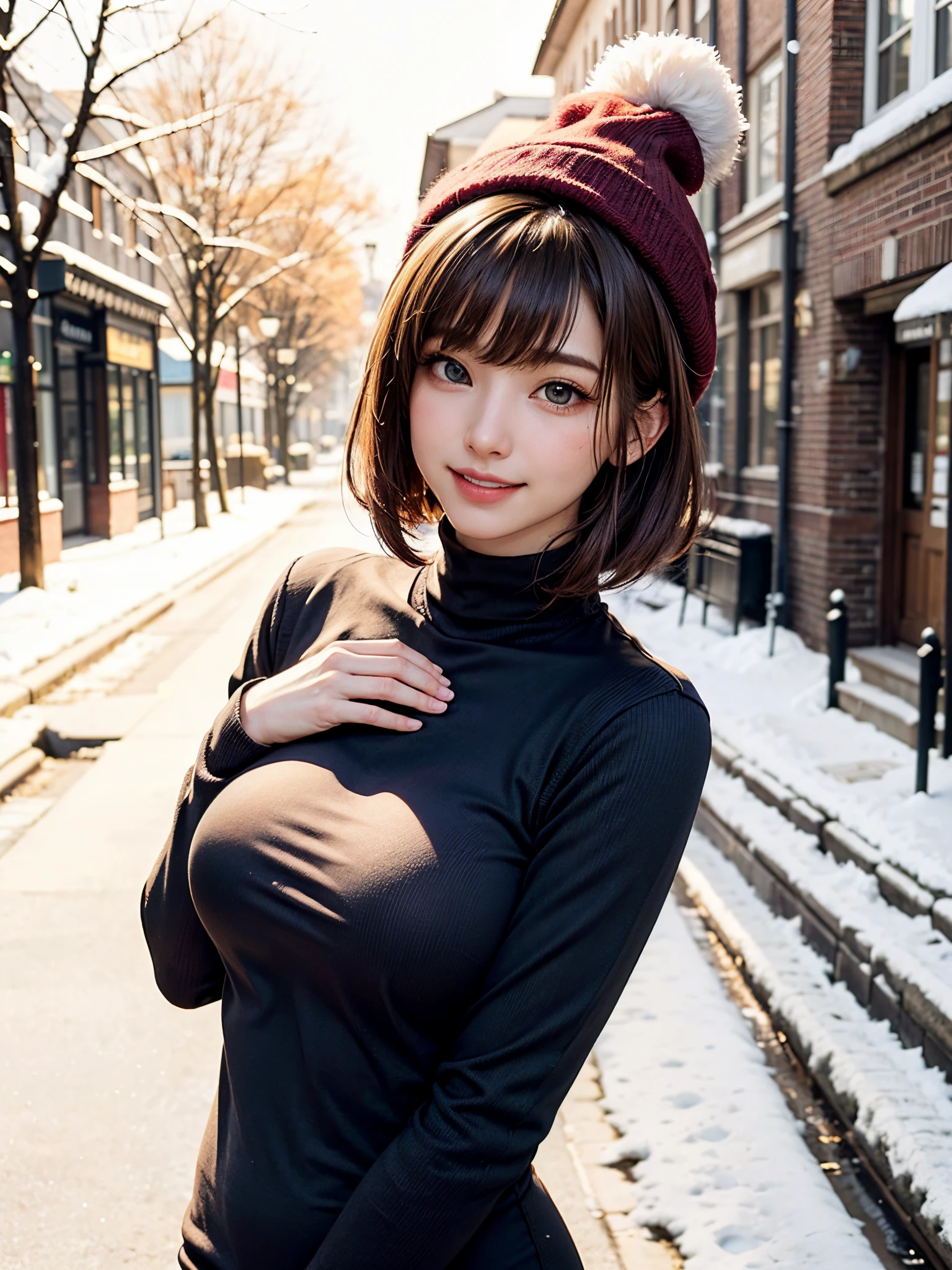 (masutepiece:1.4, top-quality、Very attractive adult beauty with a very cute smile:1.4、Add intense highlights to the eyes:1.4、Look firmly at the camera、Put your right hand on your chest、Beautiful woman full of adult charm:1.4),1girl in, 独奏, Light brown shiny hair, muffler,Santa Claus hat:1.4,realisitic, looking at the viewers, Bright colored crystal light blue eyes:1.4, short shiny hair, Santa Claus Starneck Knit、 Red and white costume of Santa Claus in a turtleneck with a round hole in the center of the chest:1.4,Sexy red and white turtleneck knit sweater with round hole in the center of chest:1.4、 s lips, lipgloss:1.4,bangss, The upper part of the body、big eye、Lashes、The face is a little red:1.4、Embarrassing)、((Canada's tree-lined streets in winter:1.4))、((Brunette short bob hair with bangs、big eye、Put very strong highlights in your students:1.4、{Gigantic|Big|Huge|Mega} breasts:1.4、very Bigger breasts、gazing at viewer、Very beautiful beauty、Put your ears out:1.4、long neck:1.4、little smiling、Beautiful teeth、Open your mouth and smile:1.4))、28 year old:1.4、Very cute supermodel:1.4、