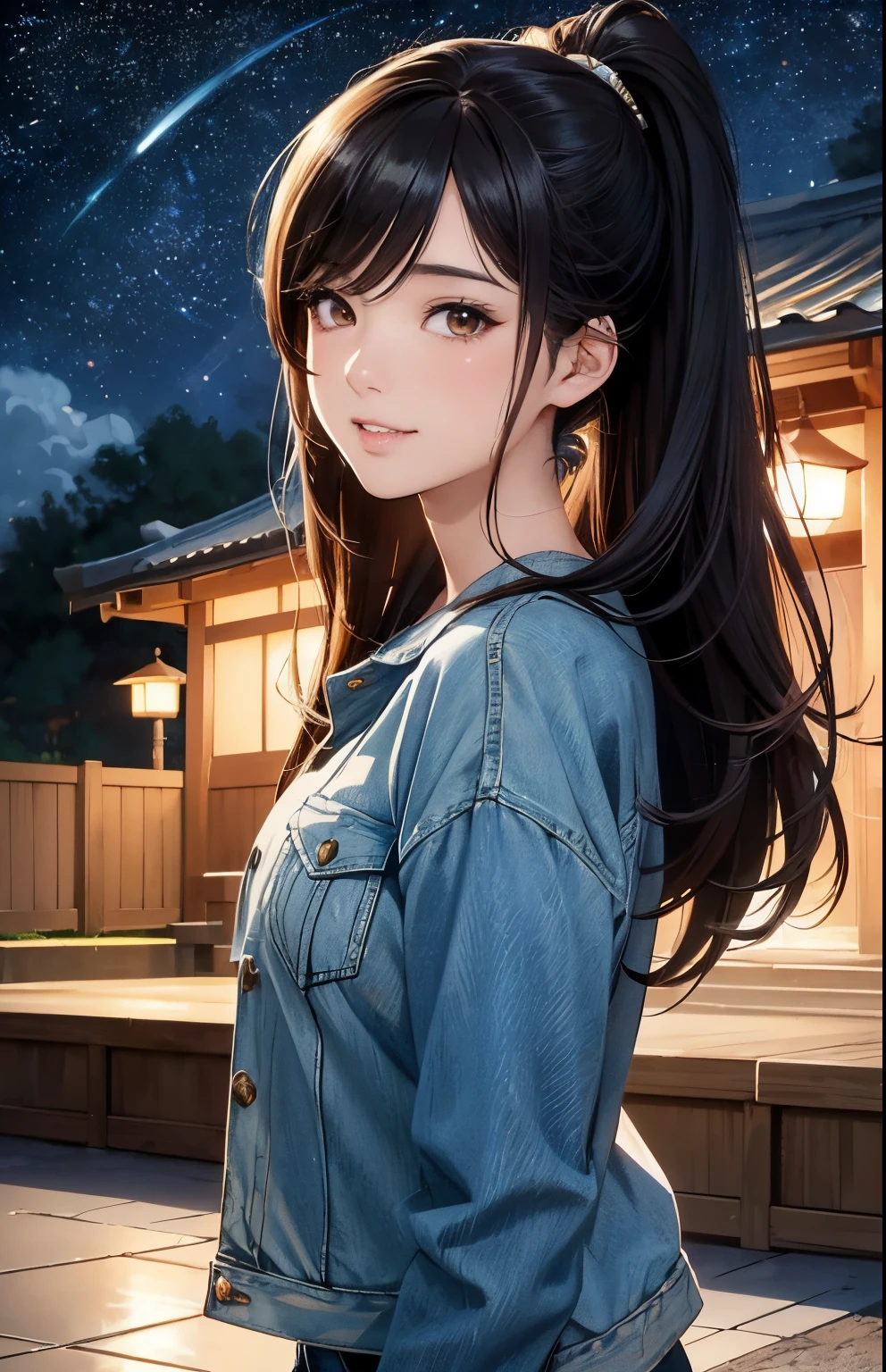 masterpiece、top-quality、hight resolution, outdoor, ((artistic night view, starry night sky)), grass field, High-quality images、8K, 1 woman、skin gloss、Texture of skin and clothing、Detailed eye expression、Lustrous hair,girl with long hair, Manga inspired by Lee Jong-suk, trending on deviantart, Realism, detailed manga style, manga art style, perfect lineart, beautiful line art, digital manga art girl, kpop idol, detailed brown eyes, plump lips, detailed gorgeous face, (cute smile), seductive, innocent, sideview, (perfectly detailed face), (well detailed hand) photorealistic image, depth of field, japanese hime cut hairstyle, ((cute tee shirt, jacket, denim shorts)), narrow waist, ponytail