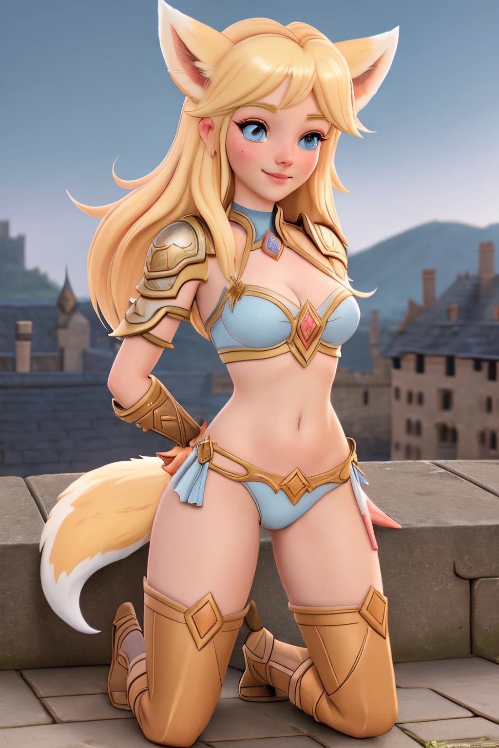 close up 1girl in, ager, Solo, Aesthetic artwork, blond, straight blonde hair, super long blonde hair, light blue eyes, some small freckles, pale skin, medium breasts, cleavage, runners body, (thin hips, thin waist: 1.25), (arched back:1.12), detailed skin, neutral face, shy smile, (kneeling: 1.25), revealing clothes, wearing leather Warcraft bikini armor, World of Warcraft for the alliance, Janea Proudmore bikini, (dirty blond fox ear:1.25), (detailed Castle roof background:1.1), rooftop, overlooking medieval city, 24mm, 4k textures, soft cinematic light, RAW intricate, elegant, highly detailed, sharp focus, ((((cinematic look)))), soothing tones, insane details, intricate details, hyperdetailed, low contrast, soft cinematic light, dim colors, exposure blend, hdr, faded