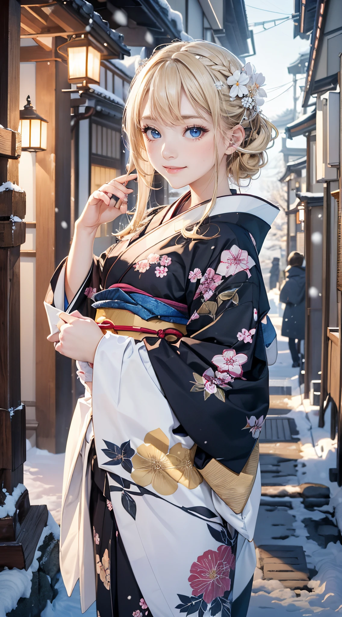 (masterpiece),(top-quality:1.2),1girl in,(masuter piece:1.3),exquisitedetails, Highest quality 8K resolution,Vibrant colors, Warm and gentle lighting,(Black floral kimono:1.3),(Lots of lanterns),(Smooth straight blonde hair:1.4),(Hair parted in the middle:1.3),(Glowing hair),(Dark blue eyes:1.3),cute smile face,White skin, hair clips,Small necklace,(Kyoto in the snow:1.3)、