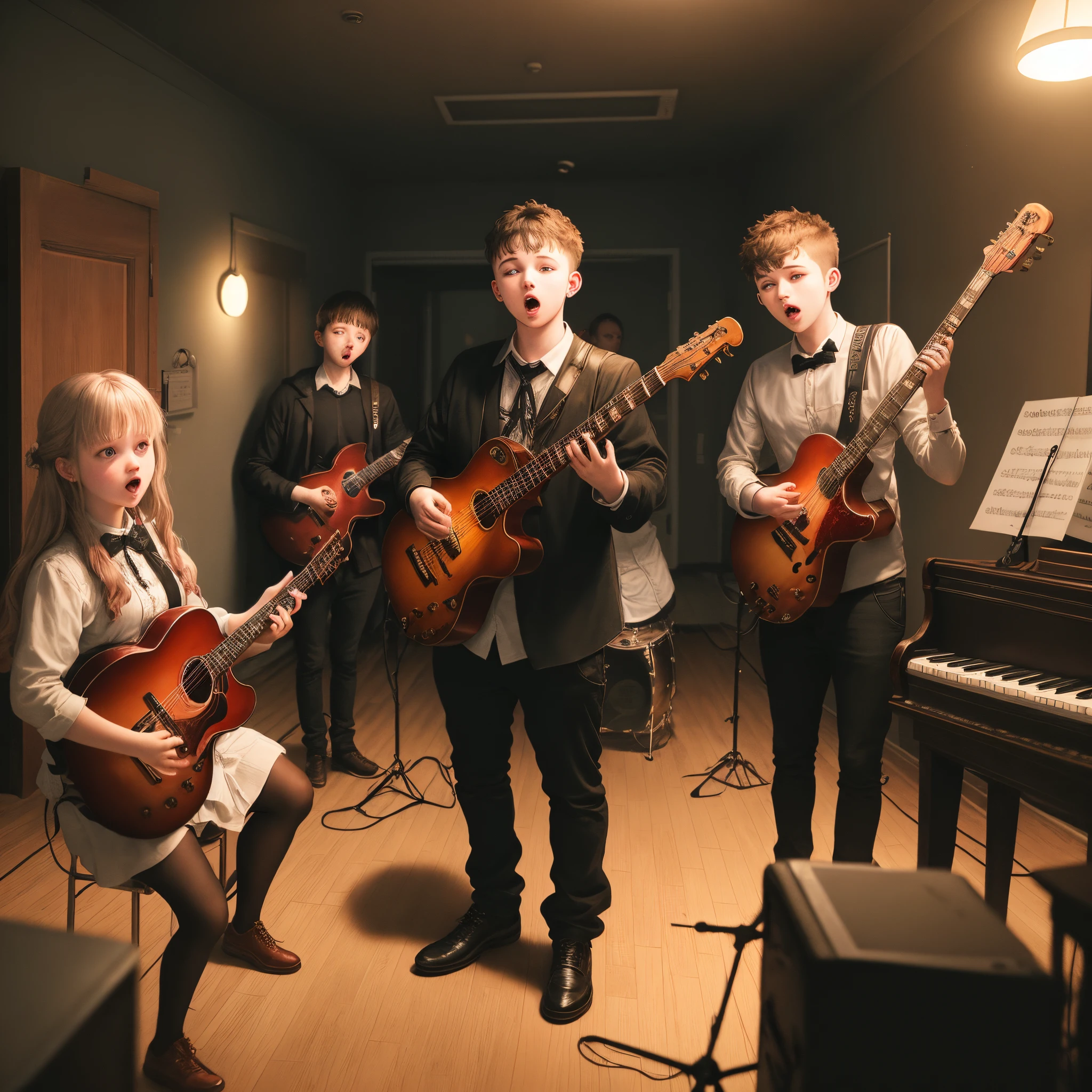 For me, five young people were trapped in a dark room with musical instruments in the background, detailed in a horror atmosphere