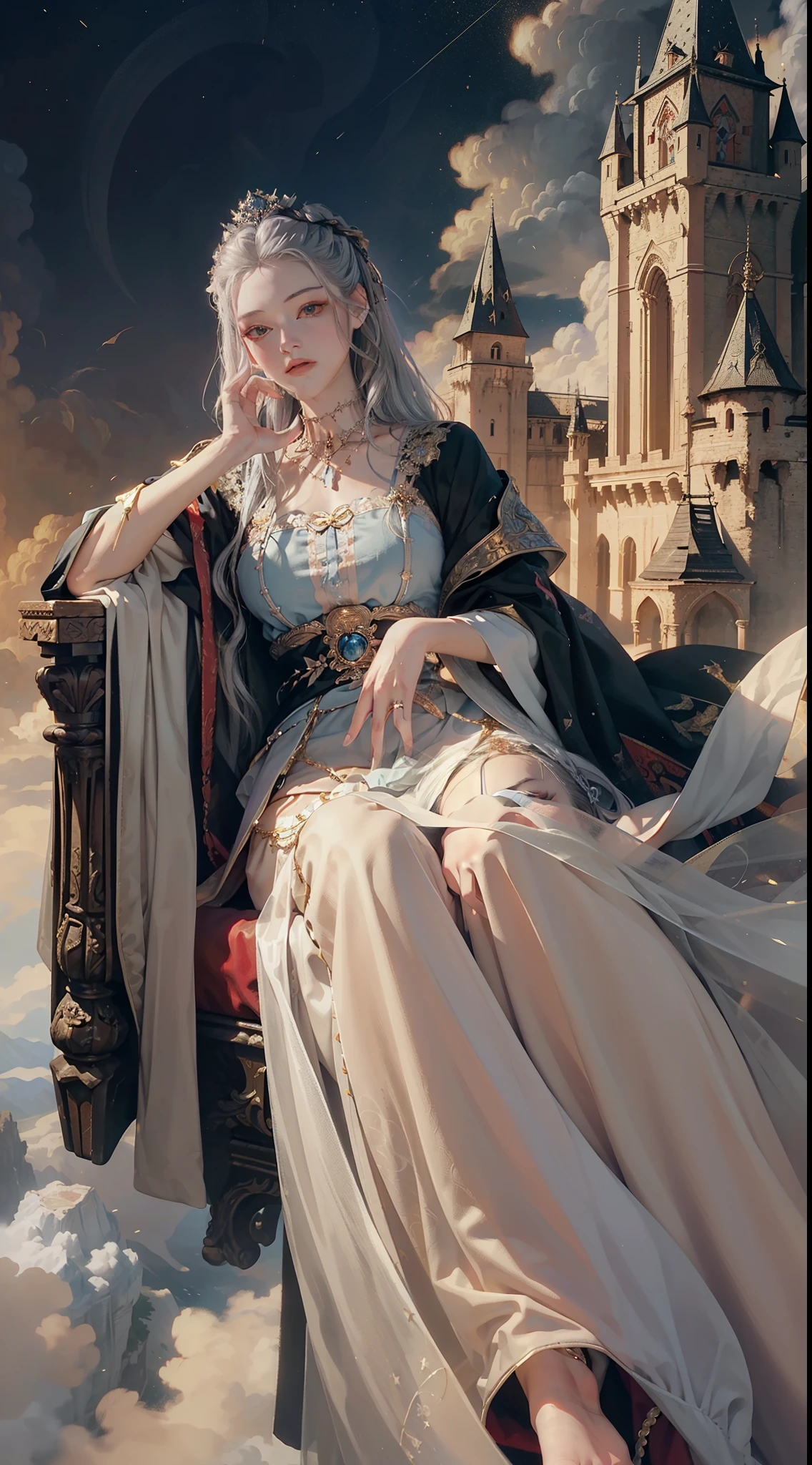 realistic, (masterpiece, top quality, best quality, official art, beautiful and aesthetic:1.2), extremely detailed,fractal art,colorful,highest detailed,dynamic angle,(castle on the cloud and mountain) 1girl,queen, silver hair, bright eyes,hair slicked back, black robe, open clouth, from above