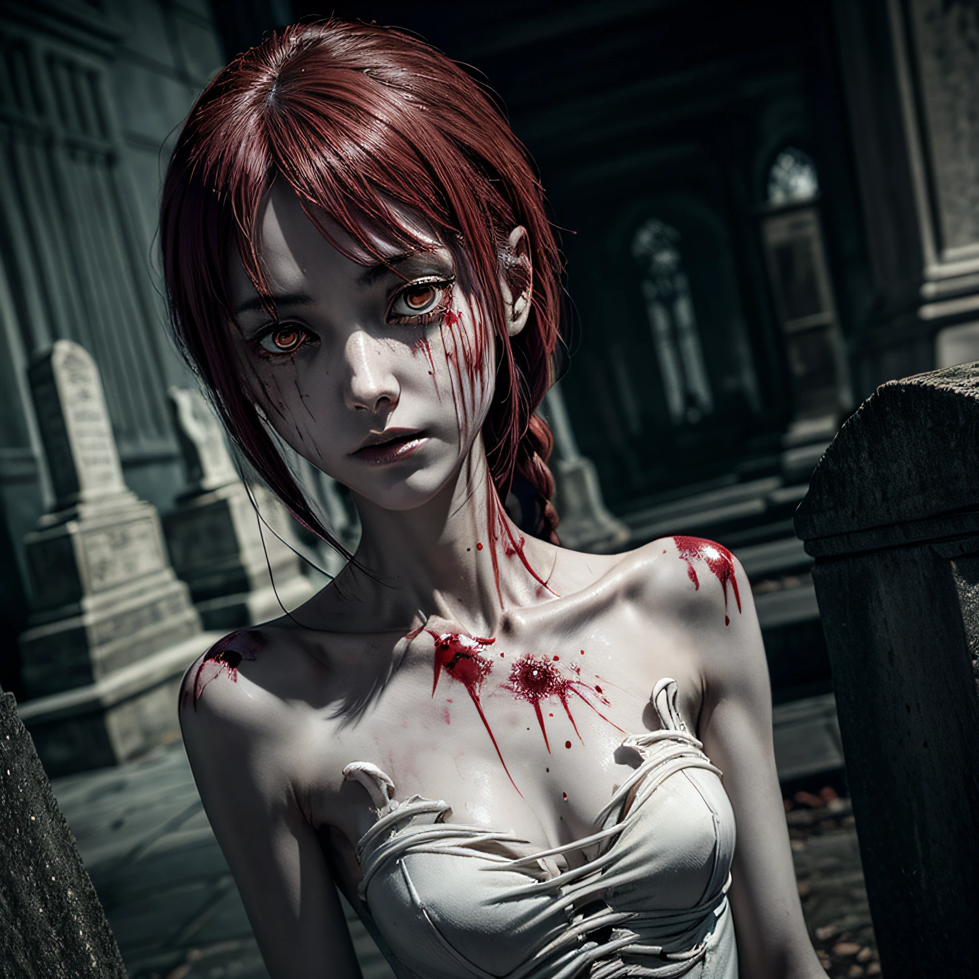 corpse, sinister, female, thin, pale, looking at the camera, ultra realistic, fully detailed, cemetery environment, bright eyes, white dress torn and stained with blood, bones exposed, putrid wounds, sensual, terrifying, bruised by the body, exposed fracture in the collarbone, slight smile, super detailed