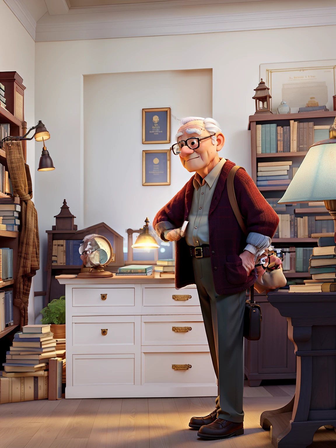 A wise old man standing in front, illuminated by the light of a lamp, against the backdrop of a library