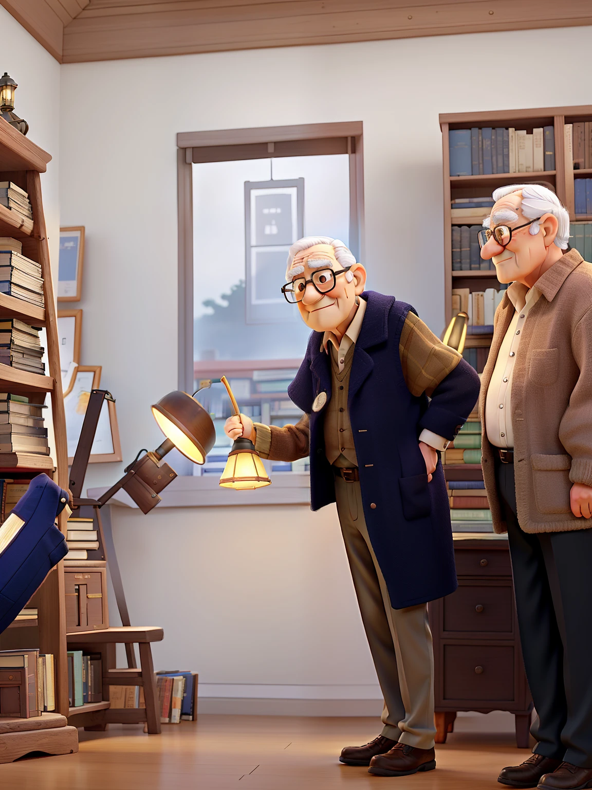 A wise old man standing in front, illuminated by the light of a lamp, against the backdrop of a library