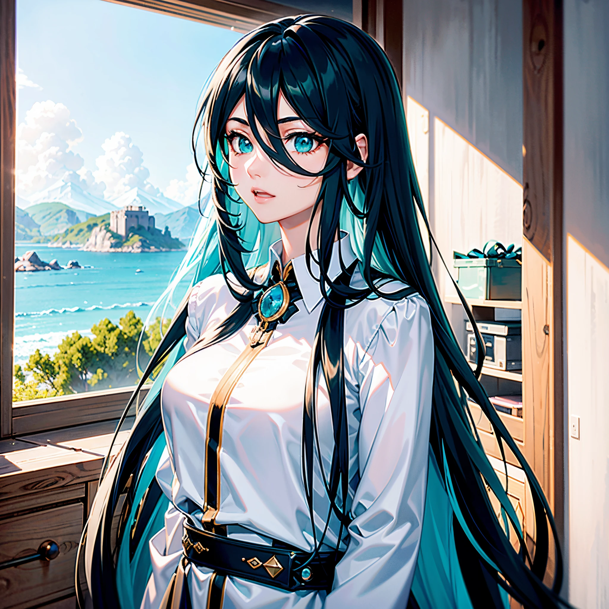 tmasterpiece,Best quality at best,extremely detaild的 CG unified 8k wallpapers,In the daytime, White skin of the,long eyelasher, Long hair and waist,black hair color hair, Gradient hair, The ends of the hair are blue-green,Turquoise eyes,hair straight, a black trench coat,Beautiful long neck, rough numbers,the street,Upper part of the body,Highest image quality,Extremely beautiful,gem-like eyes