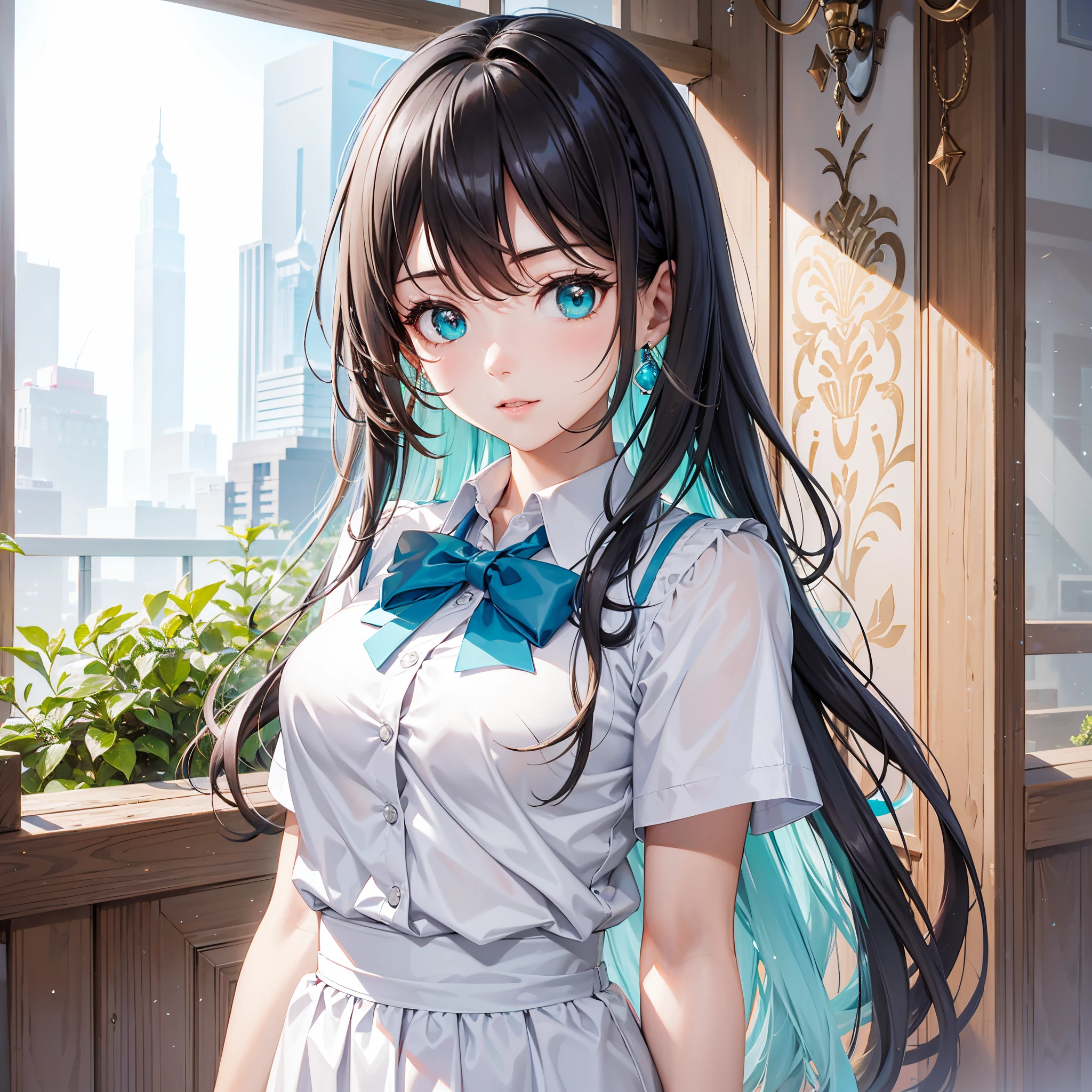 tmasterpiece,Best quality,extremely detaild的 CG unified 8k wallpapers,During the day, Fair skin,long eyelasher, Long hair and waist,black hair color hair, Gradient hair, The ends of the hair are blue-green,Turquoise eyes,hair straight, a black trench coat,Beautiful long neck, rough numbers,the street,Upper part of the body,Highest image quality,Extremely beautiful,gem-like eyes