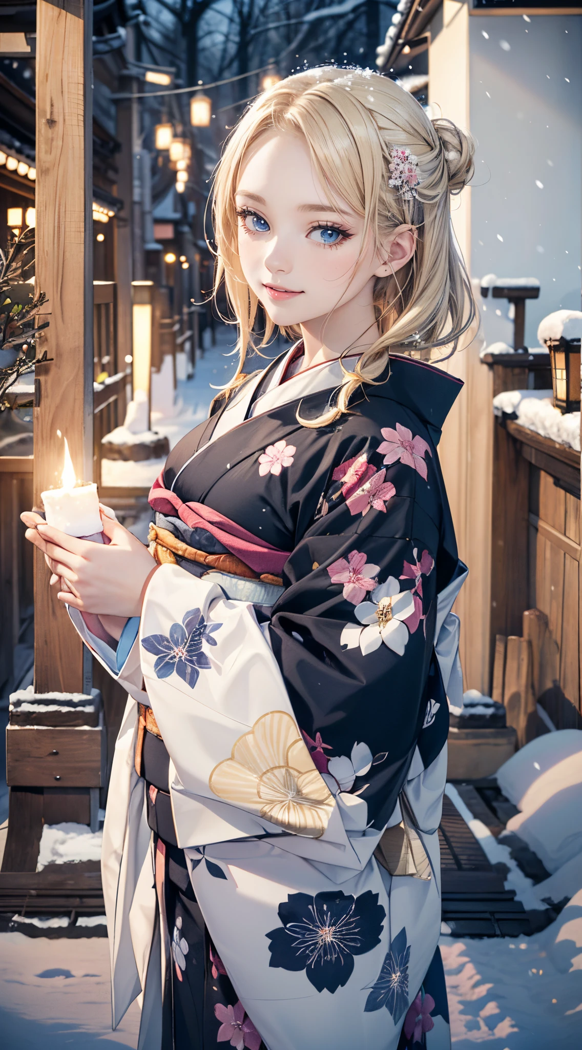 (masterpiece),(top-quality:1.2),1girl in,(masuter piece:1.3),exquisitedetails, Highest quality 8K resolution,Vibrant colors, Warm and gentle lighting,(Black floral kimono:1.3),(Lots of lanterns),(Smooth straight blonde hair:1.4),(Hair parted in the middle:1.3),(Glowing hair),(Dark blue eyes:1.3),cute smile face,White skin, hair clips,Small necklace,(Kyoto in the snow:1.3)、