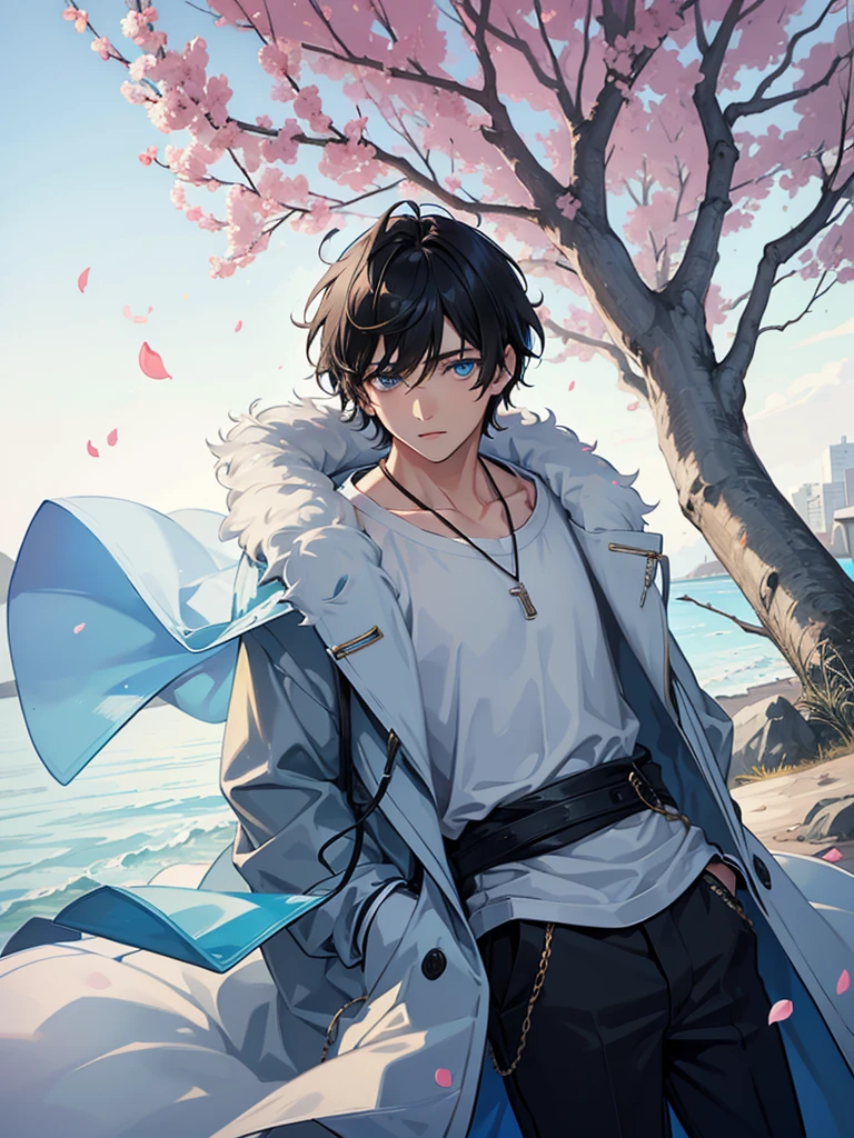 one age male boy, leaning against tree, looking at viewer, detailed eyes, light blue eyes, black hair, short scruffy hair, slight smile, flower petals, wearing loose jacket, long earing, necklace, slight breeze