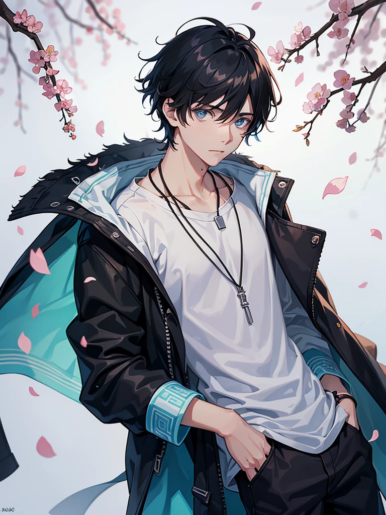 one teenage male boy, leaning against tree, looking at viewer, detailed eyes, light blue eyes, black hair, short scruffy hair, slight smile, flower petals, wearing loose jacket, long earing, necklace, slight breeze