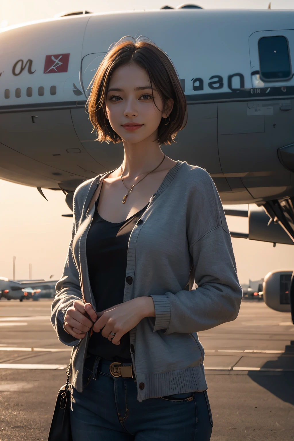 (Best Quality,4K,8K,hight resolution,masutepiece:1.2),Ultra-detailed,(Realistic,Photorealistic,Photorealsitic:1.37),Nostalgic atmosphere,hometown, Smiling beautiful woman with a short cut holding a peace sign waiting for the plane to arrive in a crowded airport lounge, Sunset, Sentimental, State of the airport, Warm colors, Dramatic Lighting、Many details about the aircraft on the runway