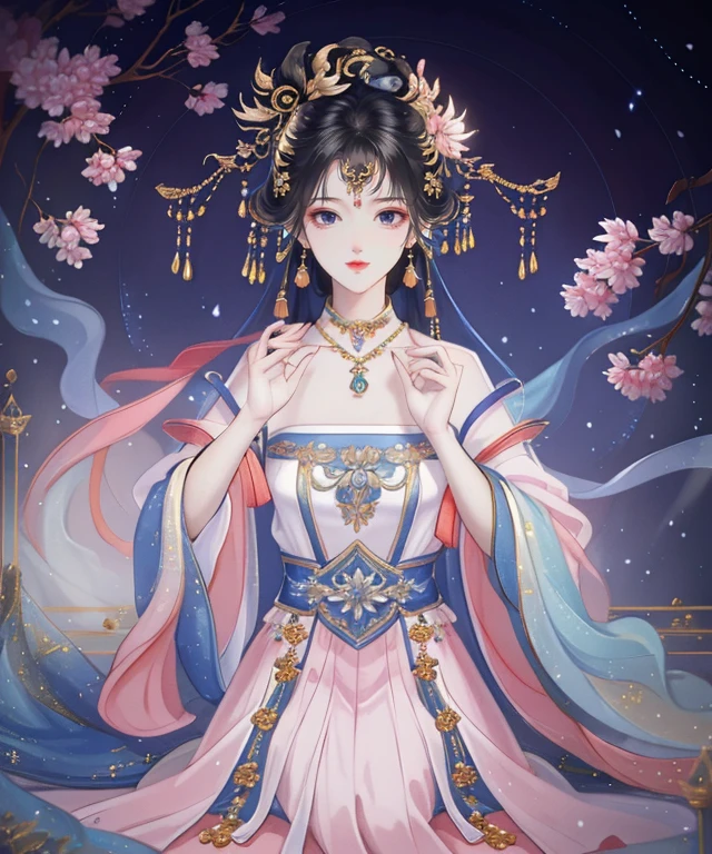 Best quality、tmasterpiece、A high resolution、1girl、full bodyesbian,Porcelain dress、hair adornments、choker necklace、jewely、pretty face、Physically、Tyndall effect、realisticlying、Shadow Studio、edge lit、bicolor lighting、(highdetailskin:1.2)、8k UHD、dslr、softlighting、high high quality、volumettic light、jumpping,photore、A high resolution、4k、8k、The background is blurred out,