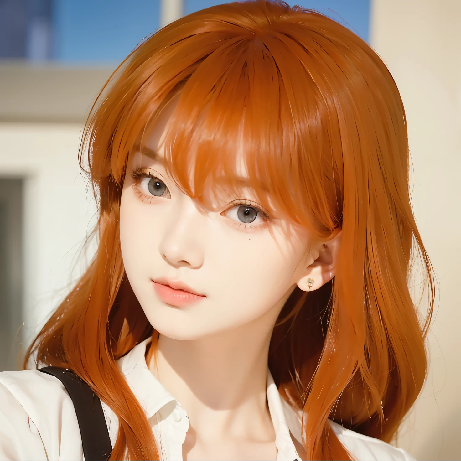 A girl with realistic long orange hair, (same realistic hairstyle), realistic pretty face, realistic cool expression, adapt the same realistic clothes,realistic light, realistic shadows, realistic background, good image quality, very good image results, 4k, ultra detailed, realistic