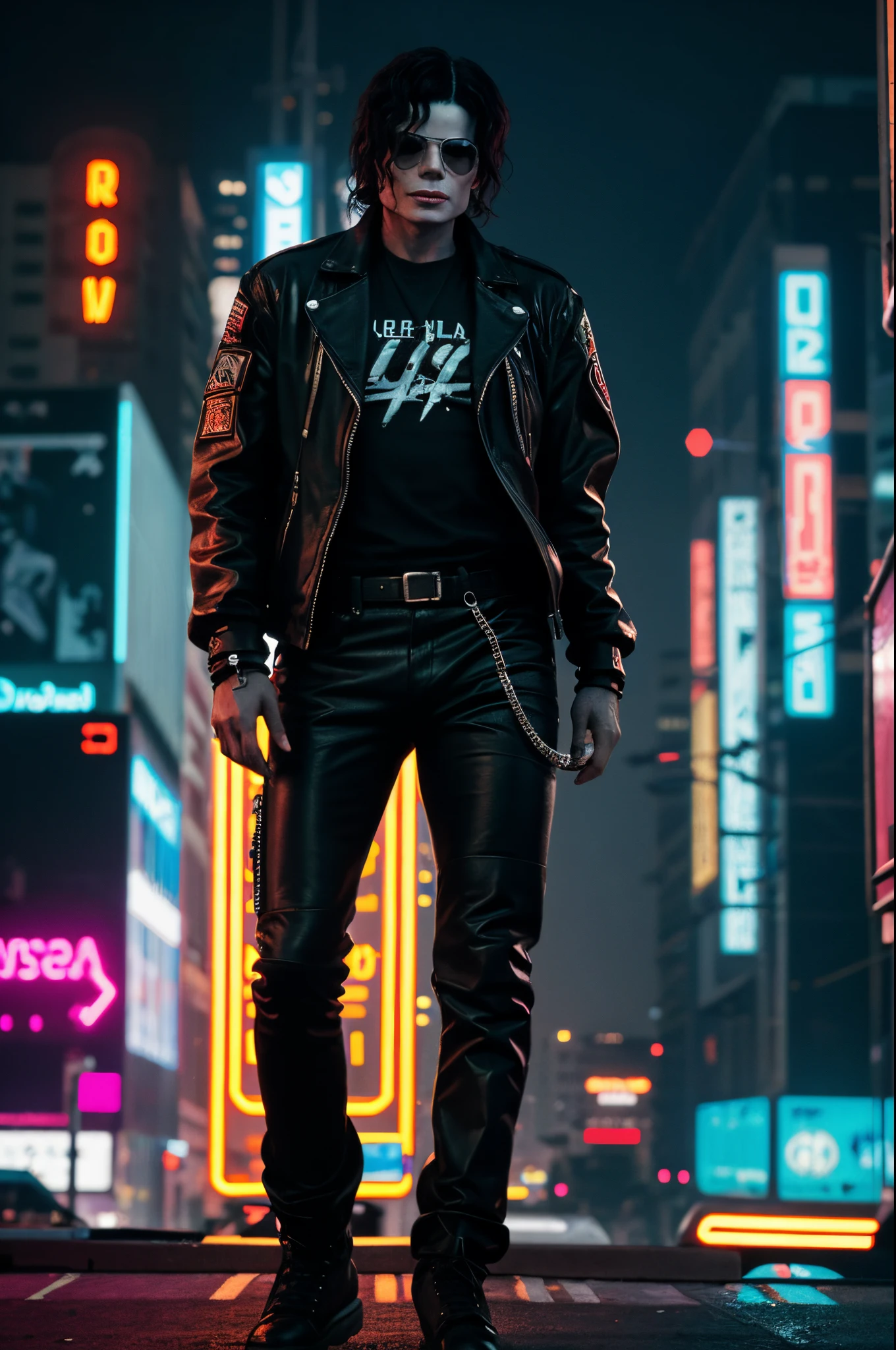 "Generate a cyberpunk-inspired image of Michael Jackson, blending iconic elements of the legendary pop star with futuristic and dystopian cyberpunk aesthetics. Consider incorporating elements such as neon lights, cybernetic enhancements, futuristic clothing, and a dystopian cityscape to create a visually striking and unique representation of Michael Jackson as a cyberpunk character."