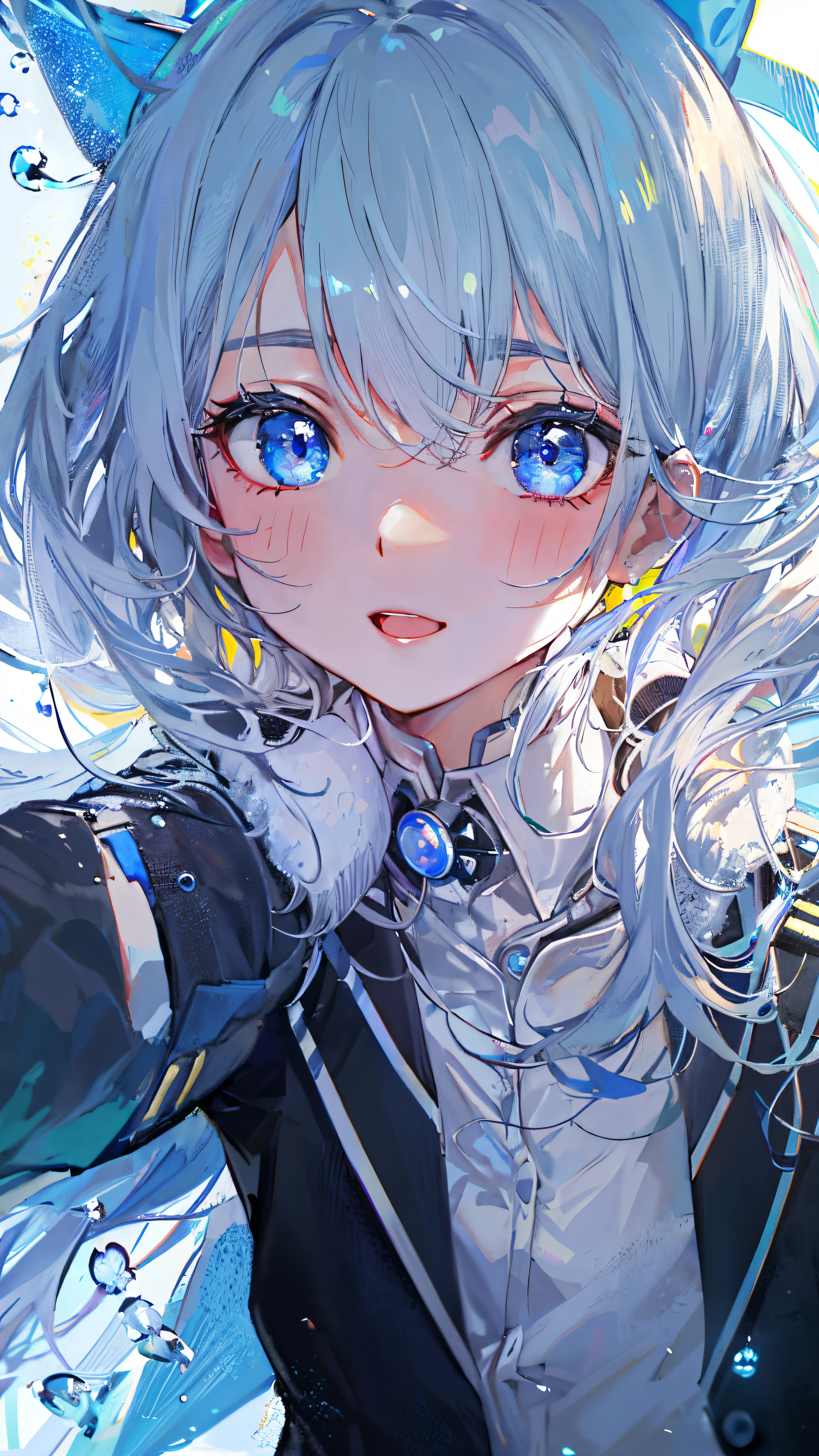 ((top-quality)), ((masterpiece)), ((ultra-detailliert)), (Extremely delicate and beautiful), girl with, 独奏, cold attitude,((Black jacket)),She is very(relax)with the(Settled down)Looks,depth of fields,Evil smile,Bubble, under the water, Air bubble,Underwater world bright light blue eyes,inner color with bright gray hair and light blue tips,,,,,,,,,,,Cold background,Bob Hair - Linear Art, shortpants、knee high socks、White uniform like school uniform、Light blue ribbon ties、Clothes are sheer、Hands in pockets、Bright eyes like sapphire,Fronllesse Blue, A small blue light was floating、fantastic eyes、Angle of view when taking selfies
