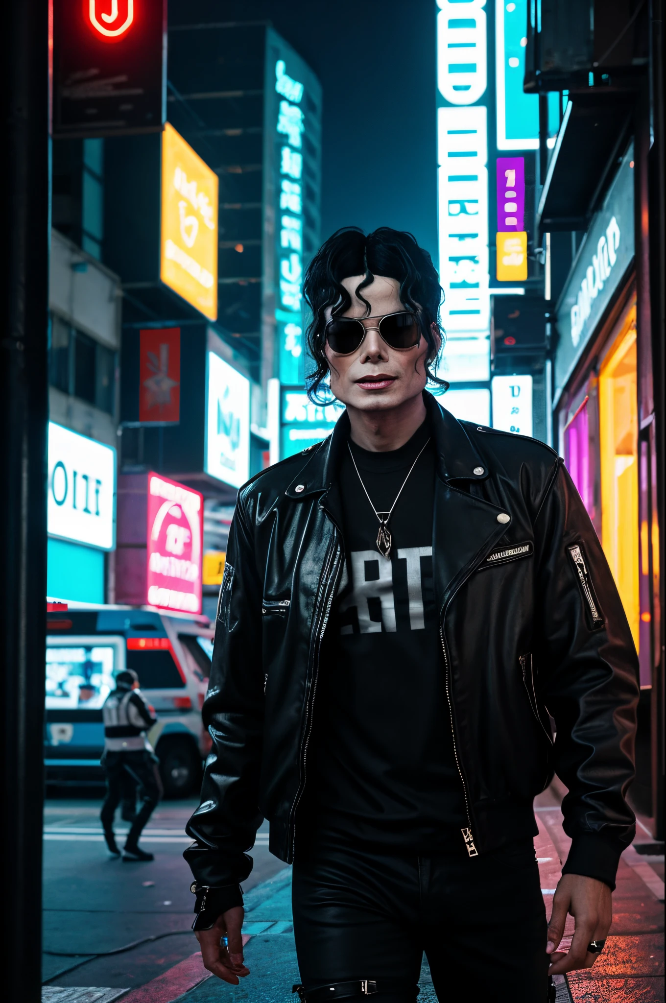 "Generate a cyberpunk-inspired image of Michael Jackson, blending iconic elements of the legendary pop star with futuristic and dystopian cyberpunk aesthetics. Consider incorporating elements such as neon lights, cybernetic enhancements, futuristic clothing, and a dystopian cityscape to create a visually striking and unique representation of Michael Jackson as a cyberpunk character."