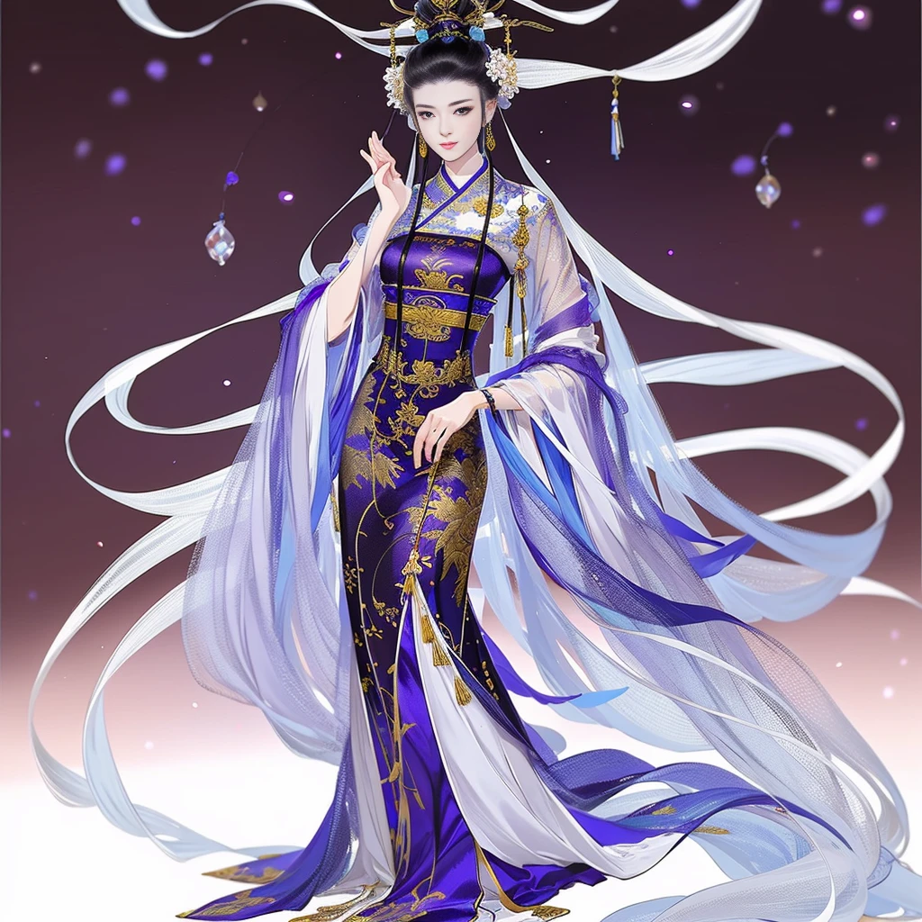 An ancient Chinese beauty,solo person,female focus,Full body concept design,Yingluo Huanpei,Dignified temperament,A long flowing dress,Clear face,pretty eyes,Purple myrtle,tmasterpiece,ultra - detailed,simplebackground,Epic composition,Super HD,high qulity,HighestQuali,32k